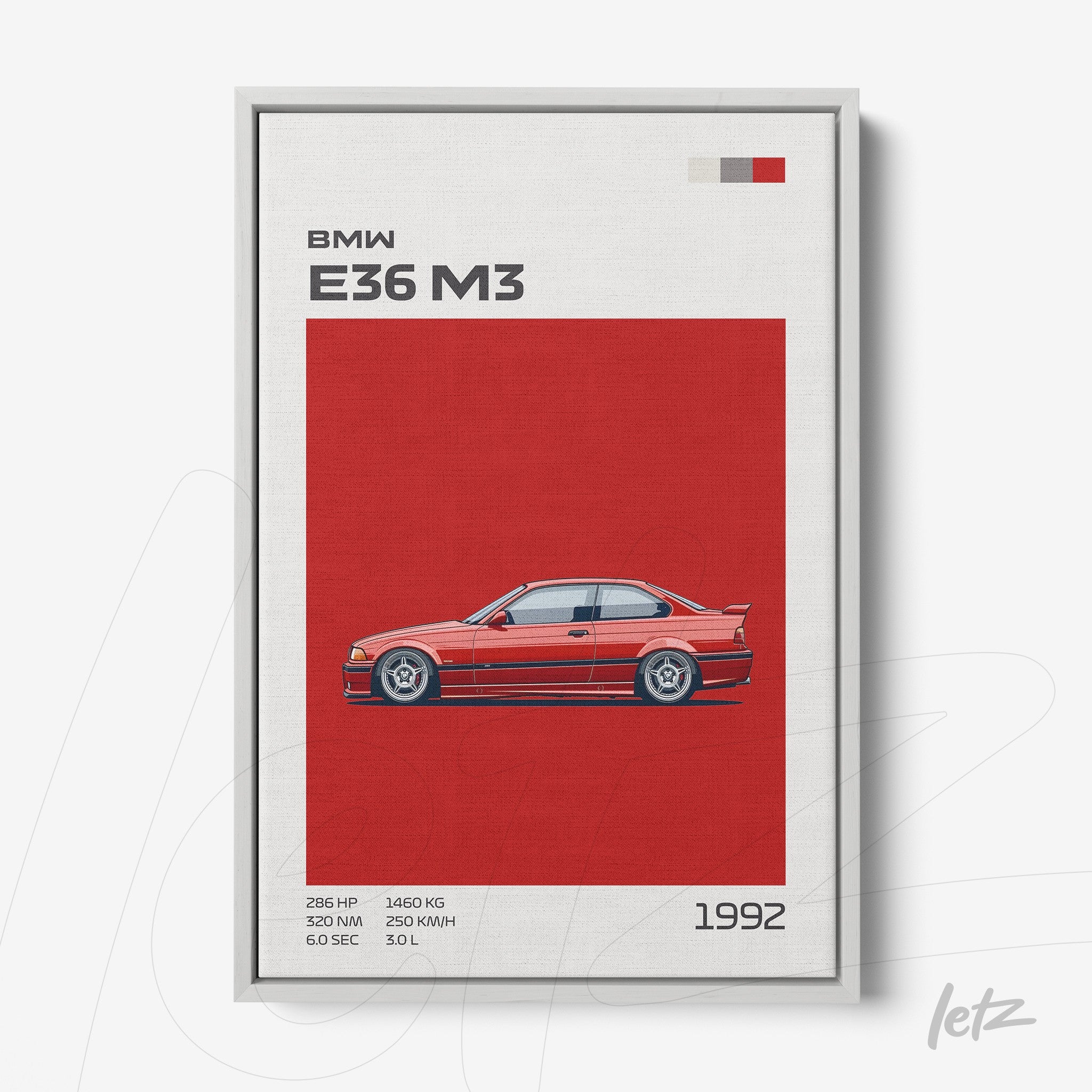 quadro com arte digital do carro BMW E36 M3 em fundo vermelho com moldura branca