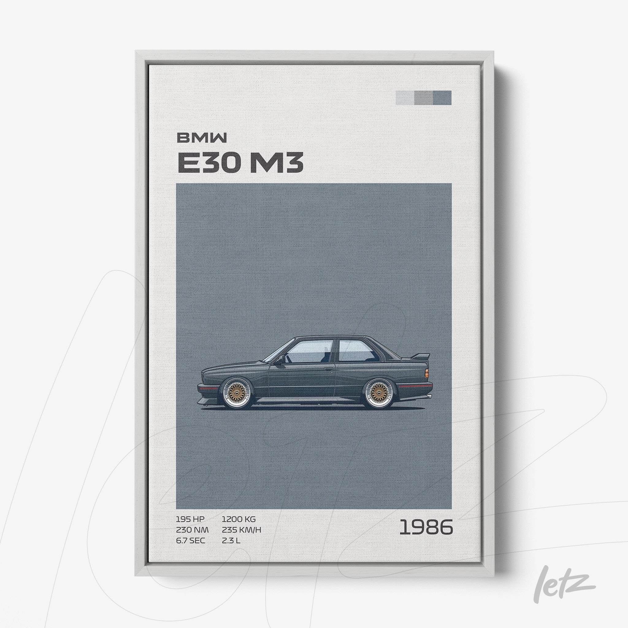 quadro com arte digital do carro BMW E30 M3 em moldura prateada