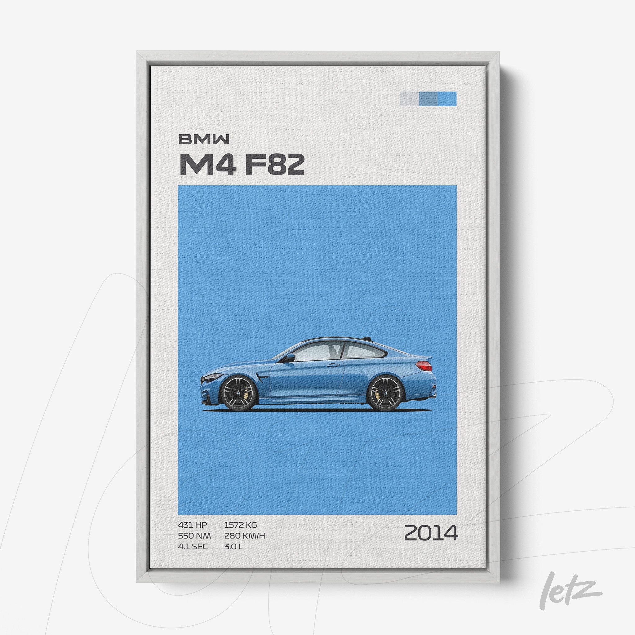 quadro com arte minimalista do carro BMW M4 F82 em fundo azul e moldura prateada