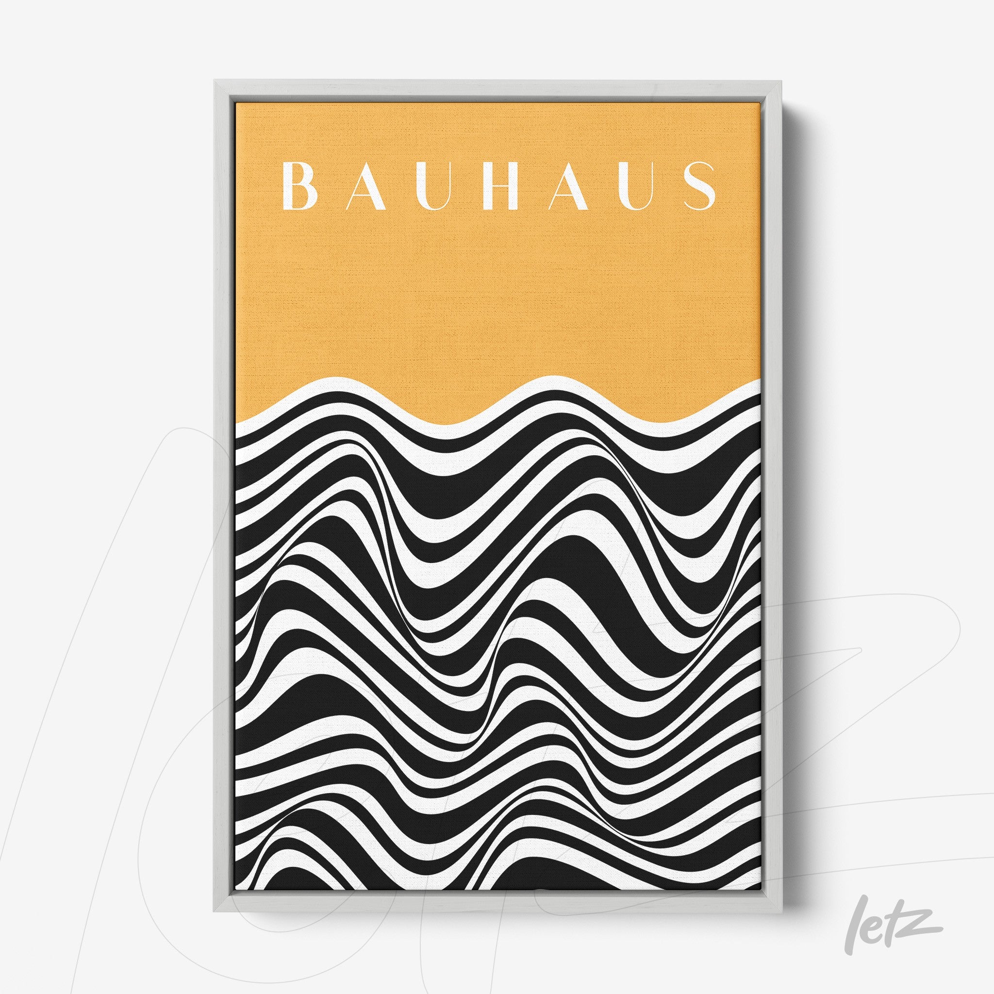 quadro em tela canvas com design geométrico de ondas preto e branco sobre fundo amarelo, com texto bauhaus