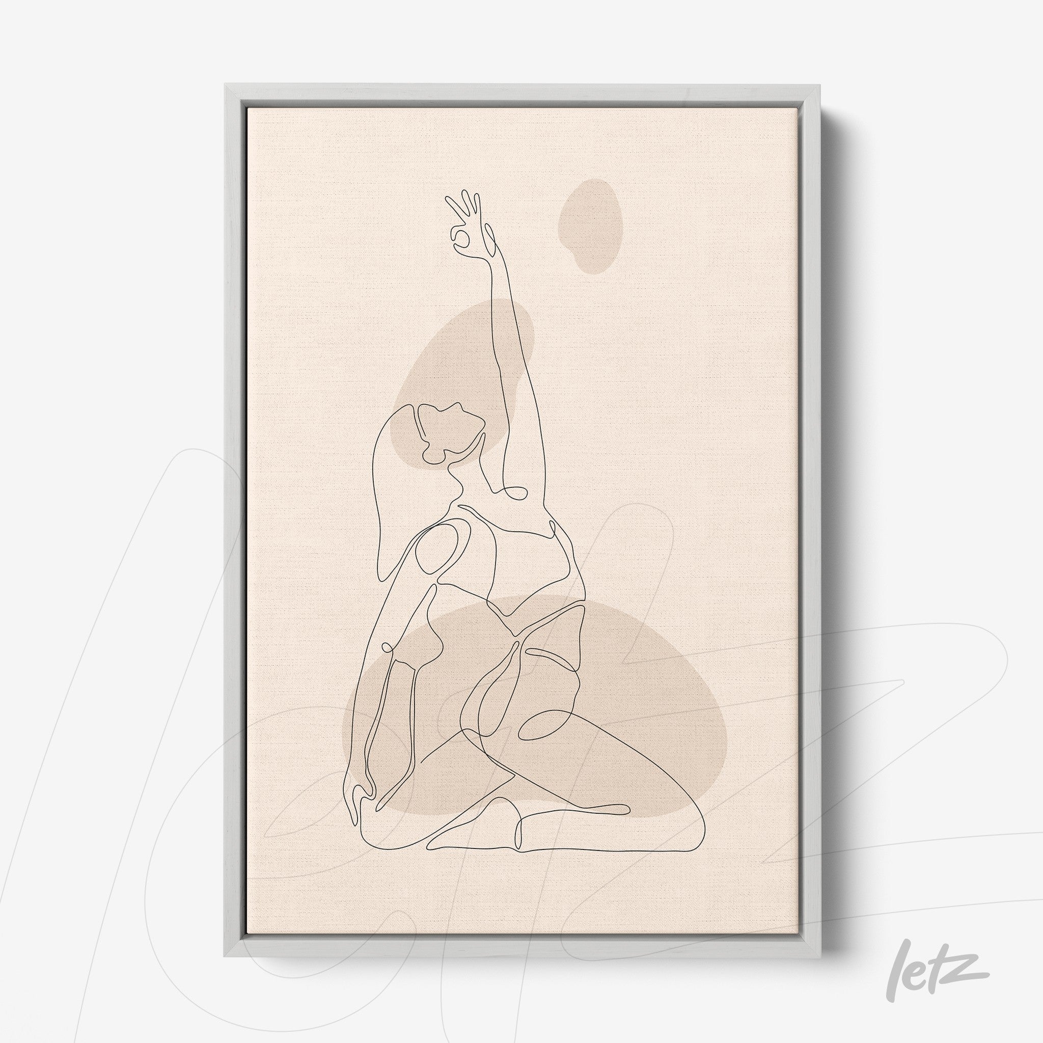 quadro com arte de linha contínua de figura feminina em pose de yoga em moldura cinza