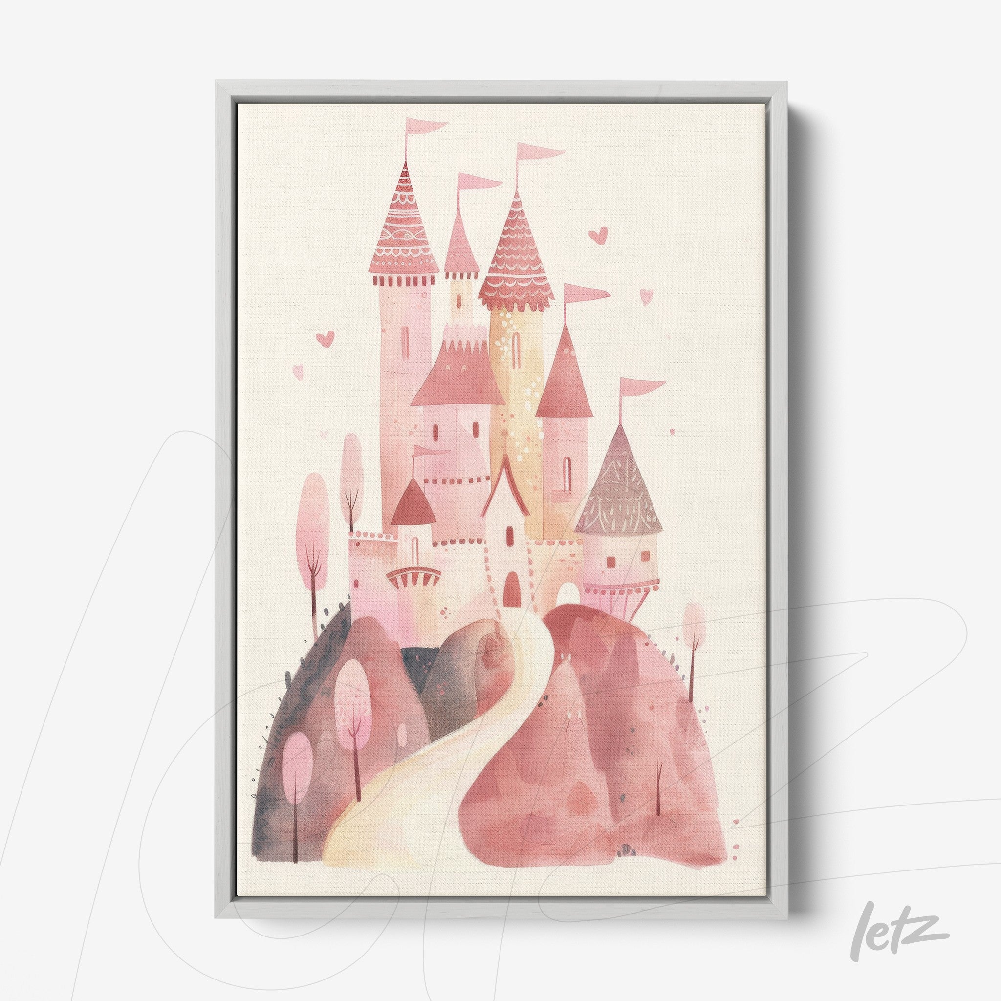 quadro em canvas com ilustração de castelo em tons de rosa com árvores no primeiro plano e caminho sinuoso