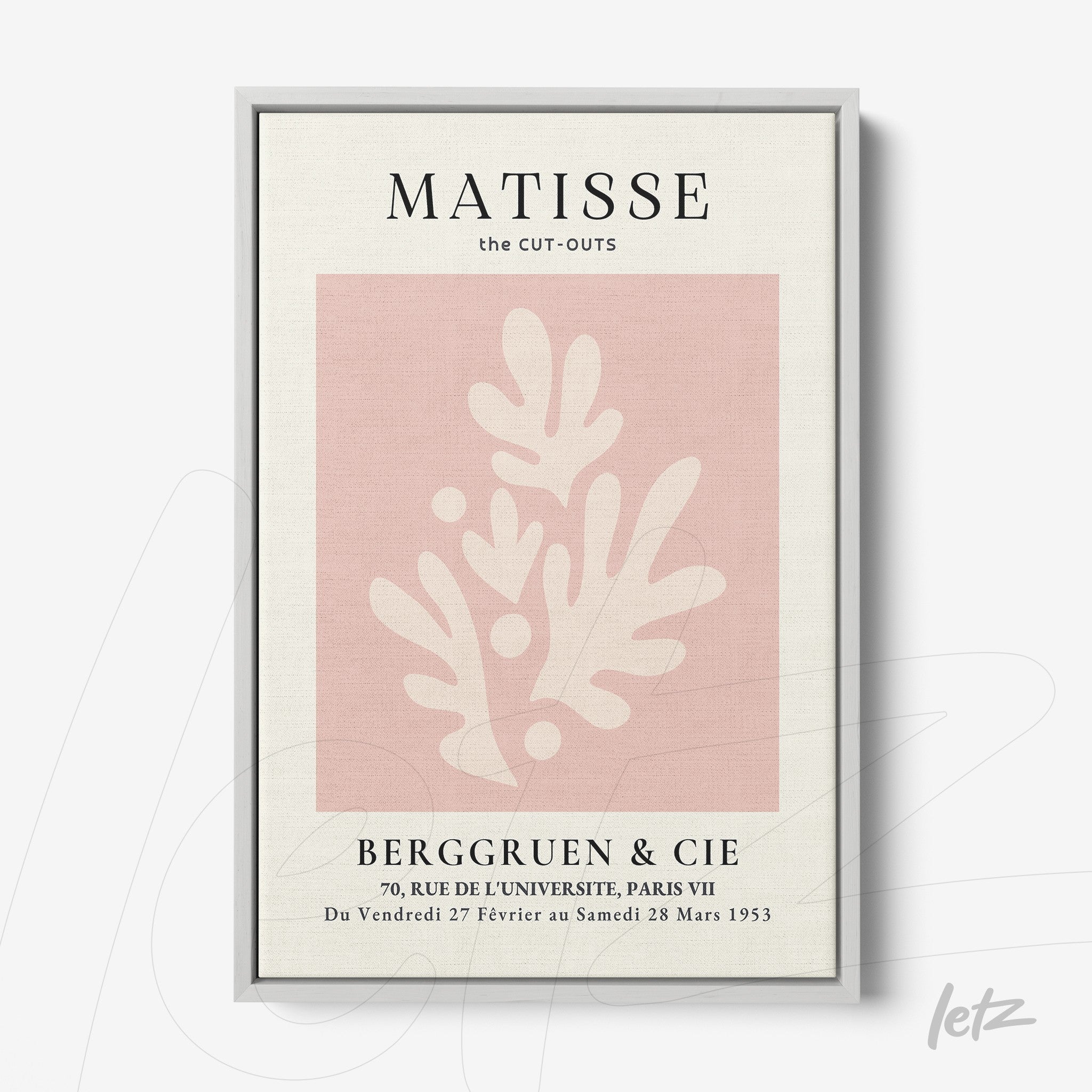 quadro com arte de Matisse em moldura prata, apresentando formas orgânicas em tons de rosa sobre fundo claro