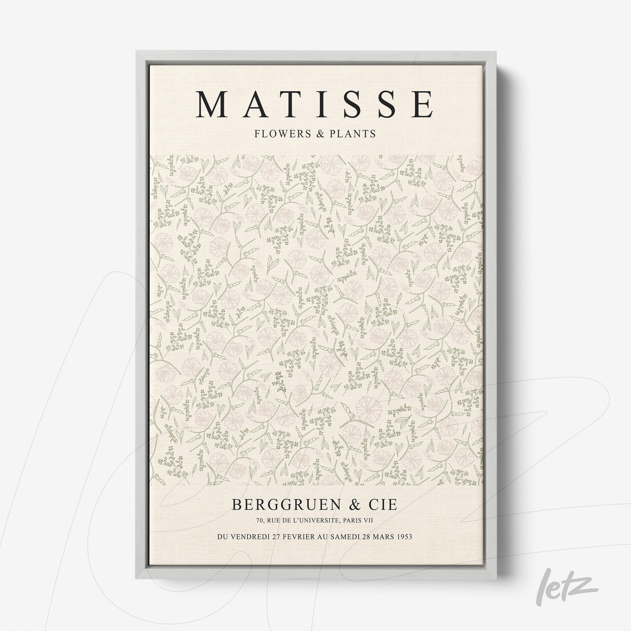 quadro com arte decorativa inspirada em Matisse, apresentando um padrão floral suave em tons pastel dentro de moldura cinza