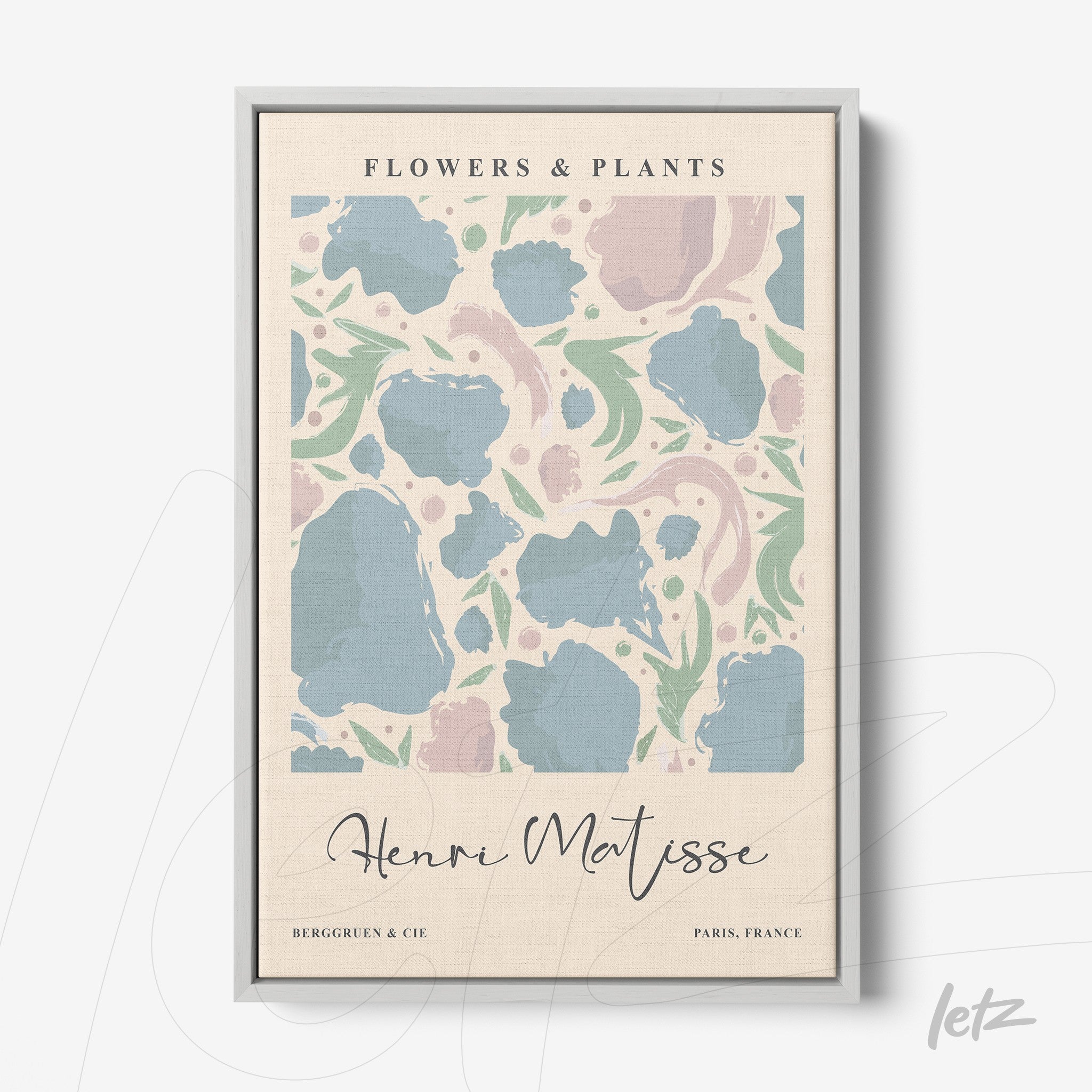 quadro com arte de flores e plantas em estilo moderno, moldura prateada