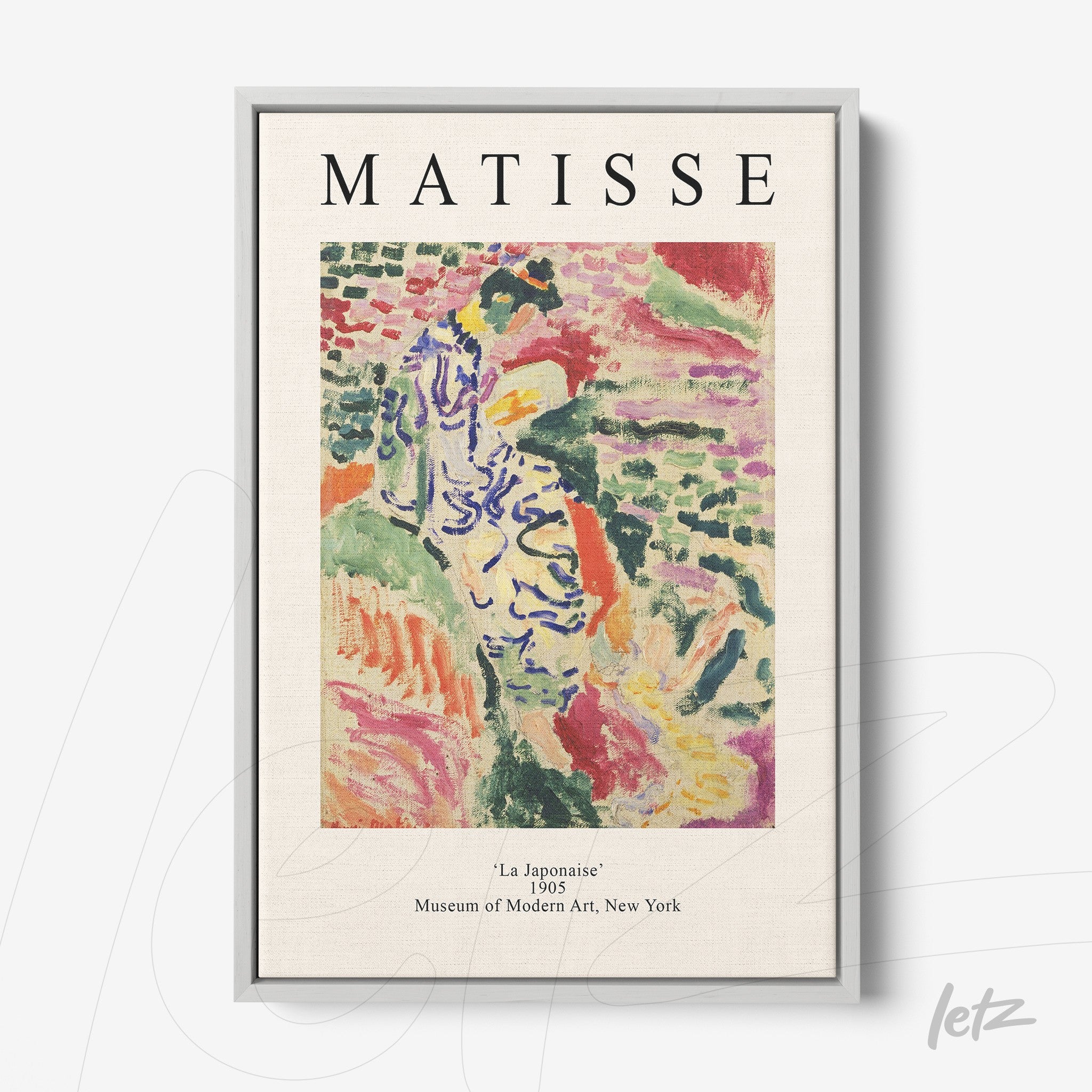 quadro emoldurado com arte moderna de Matisse, intitulado 'La Japonaises', apresentando traços vibrantes e cores variadas sobre fundo claro