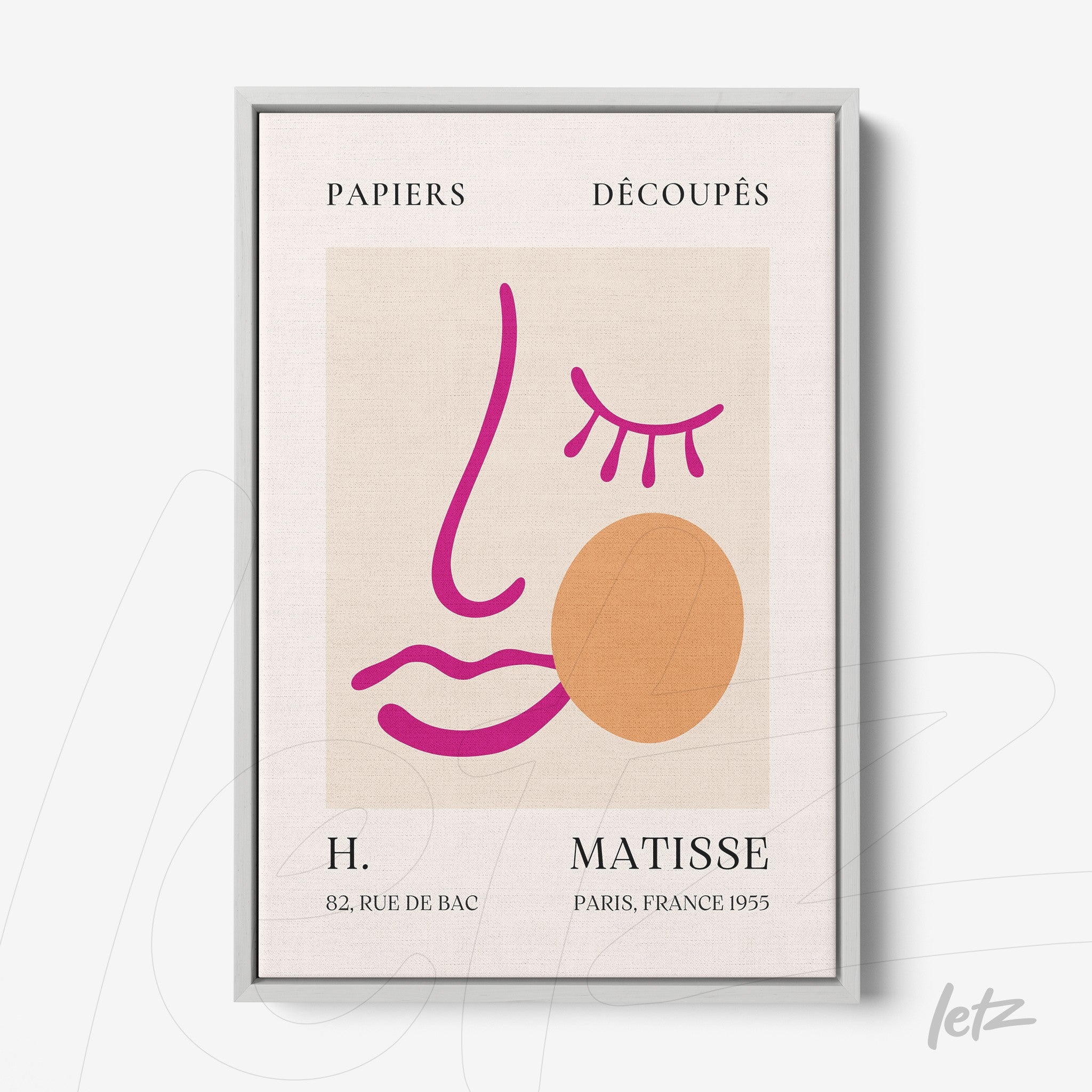 quadro com arte moderna inspirado em Matisse, destacando formas abstratas em tons de rosa e laranja, moldura prateada