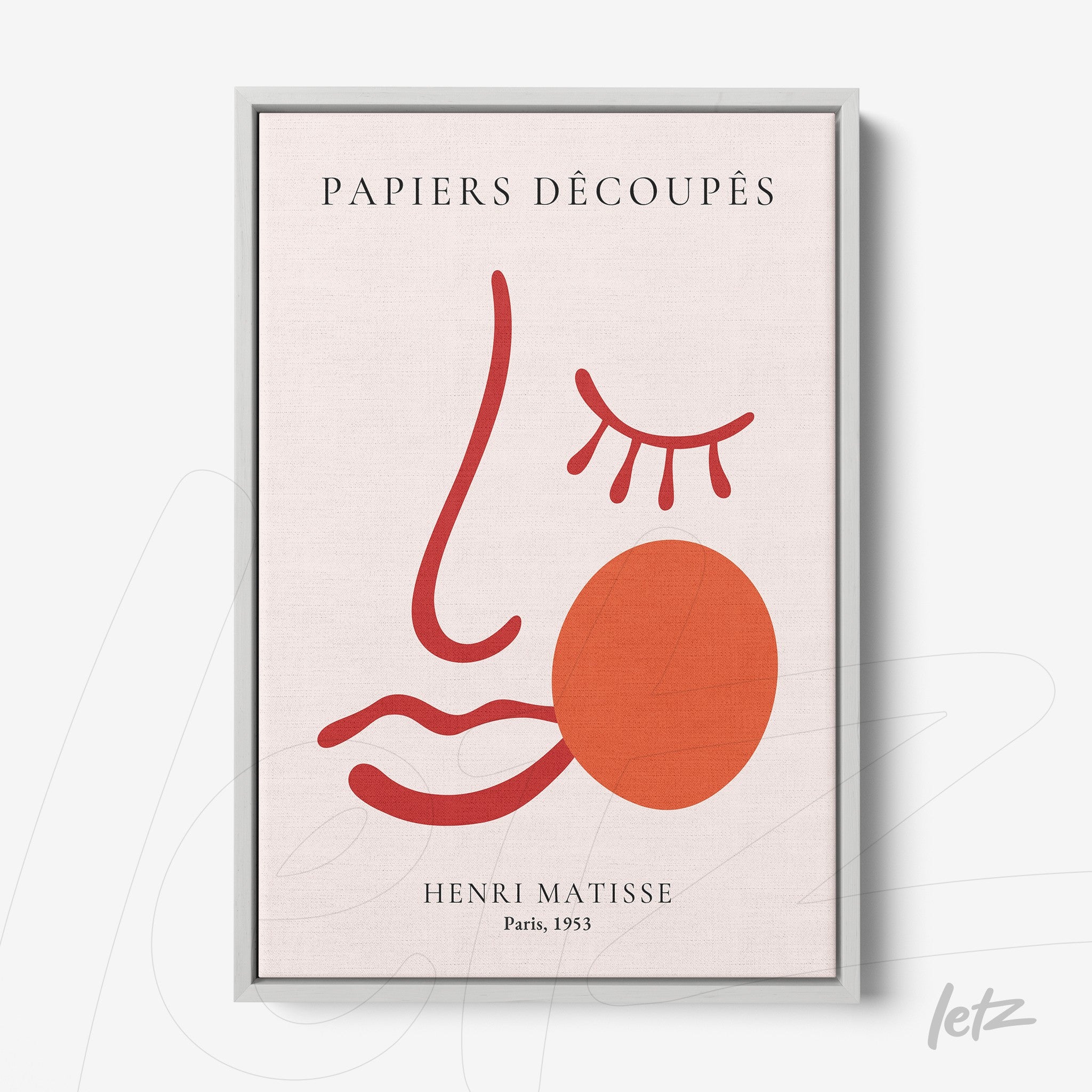 quadro com arte de desenho minimalista de rosto em tons de vermelho e rosa com moldura prata