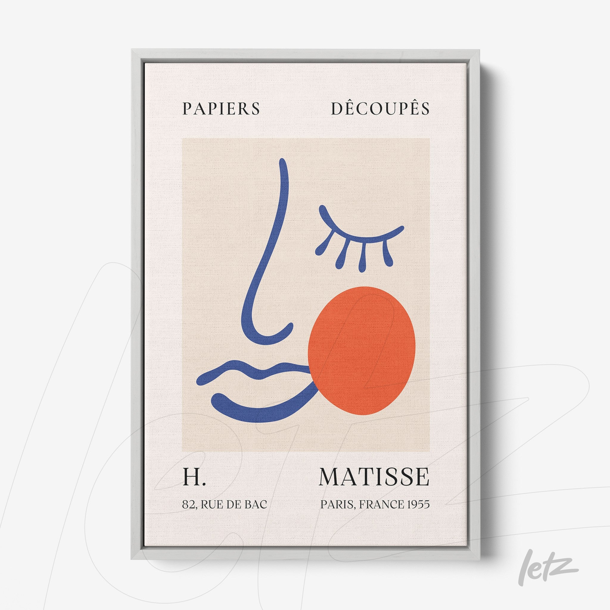 quadro com arte de linhas abstratas em cores vibrantes, apresentando uma figura estilizada com um rosto feminino e um círculo vermelho, moldura metálica prateada