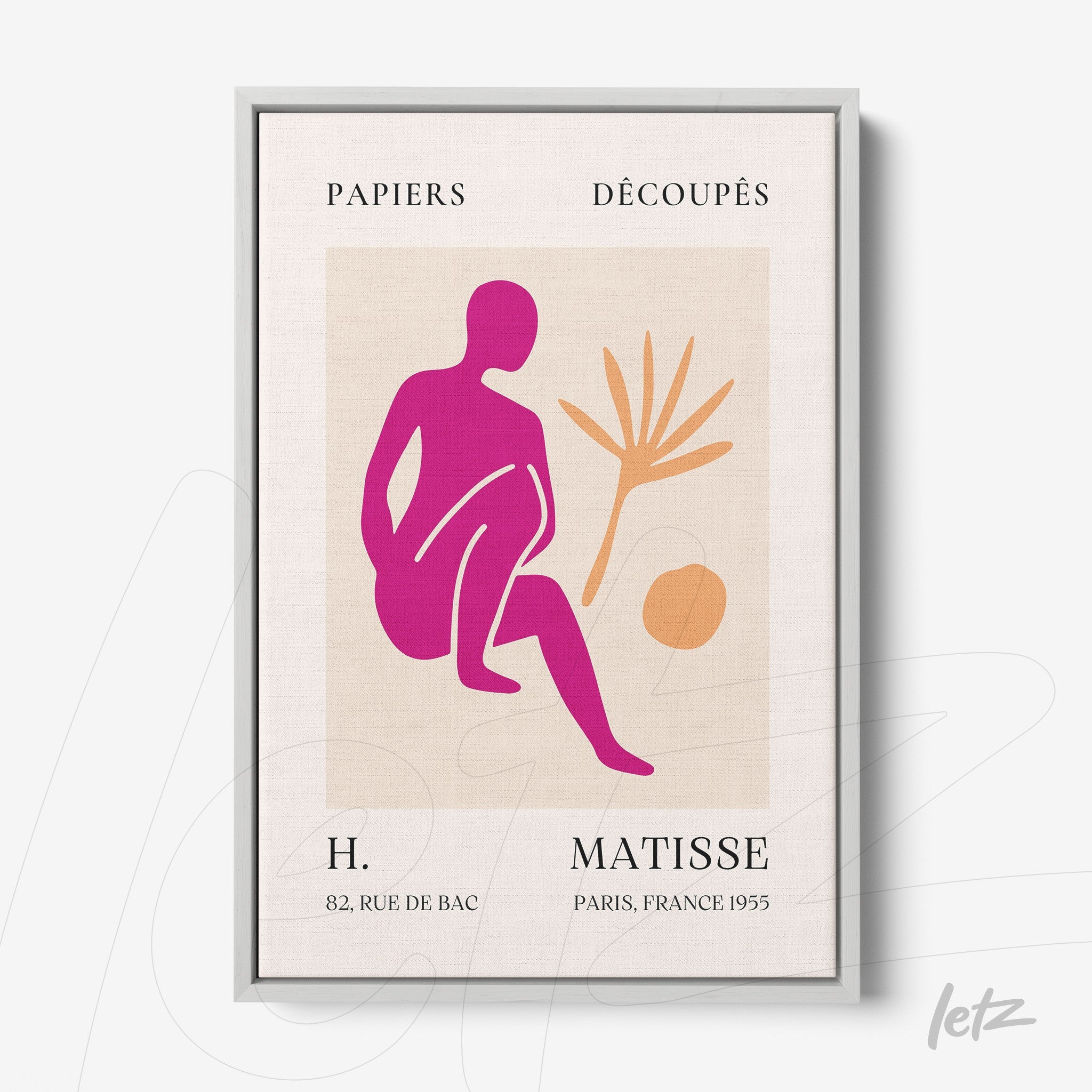 quadro com arte moderna na cor rosa e laranja, apresentando figura estilizada de uma pessoa sentada e uma planta em fundo claro, moldura prateada