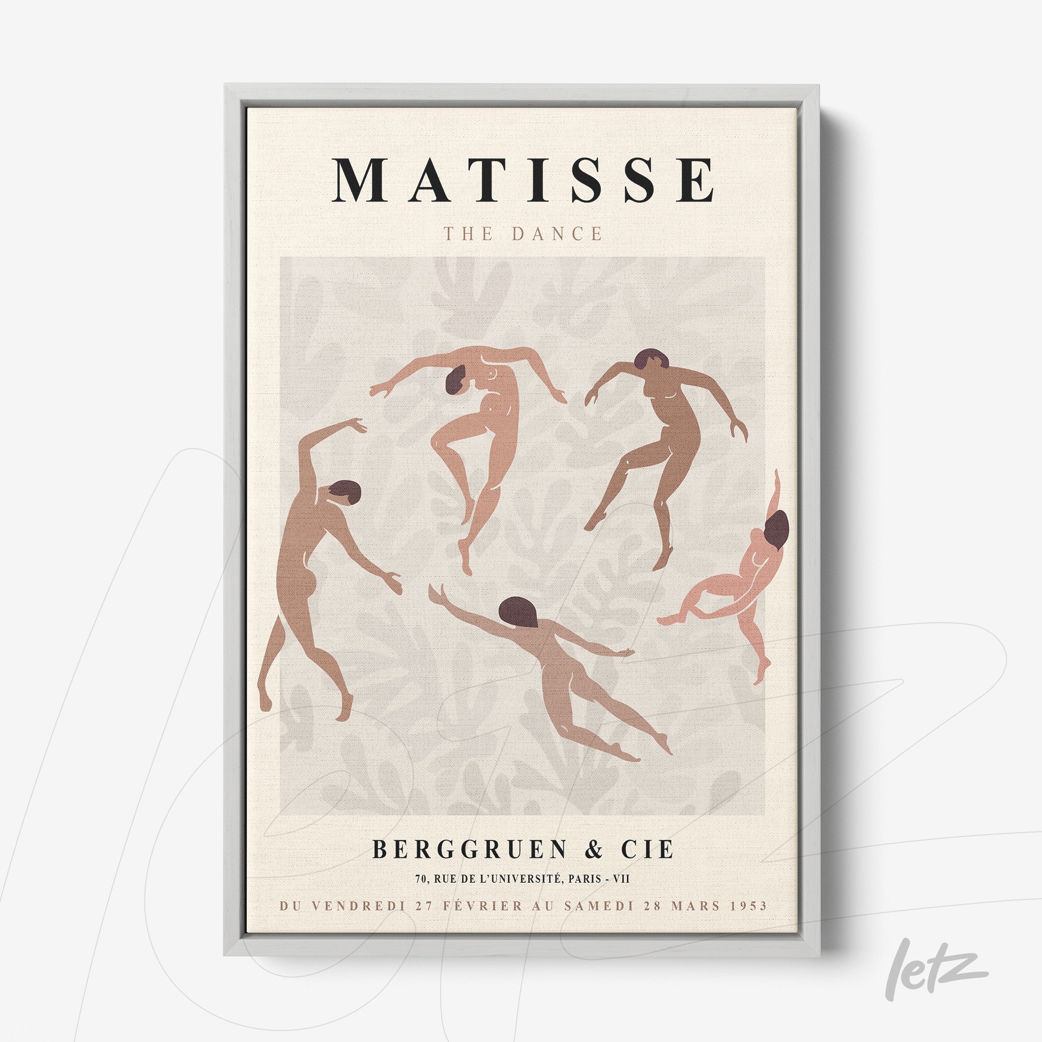 quadro emoldurado com arte estilizada representando a dança, com figuras nude em várias poses, fundo claro e elementos botânicos em tons neutros