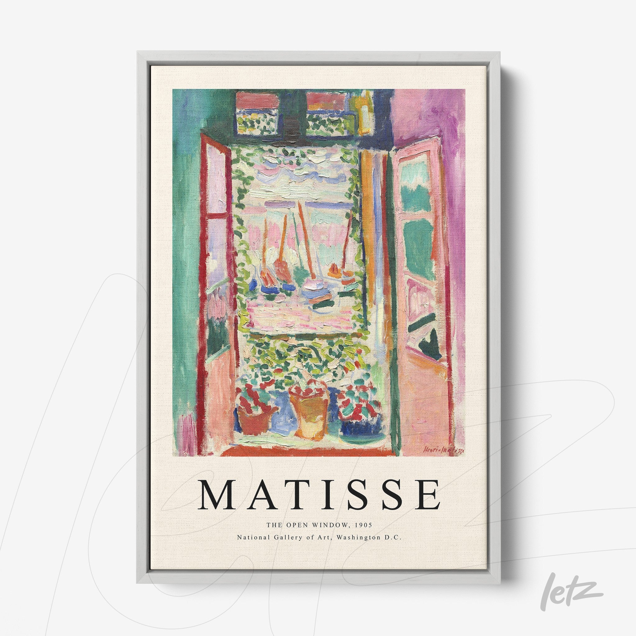 quadro colorido com arte de Henri Matisse, retratando uma janela aberta com vista para um jardim, moldura prata