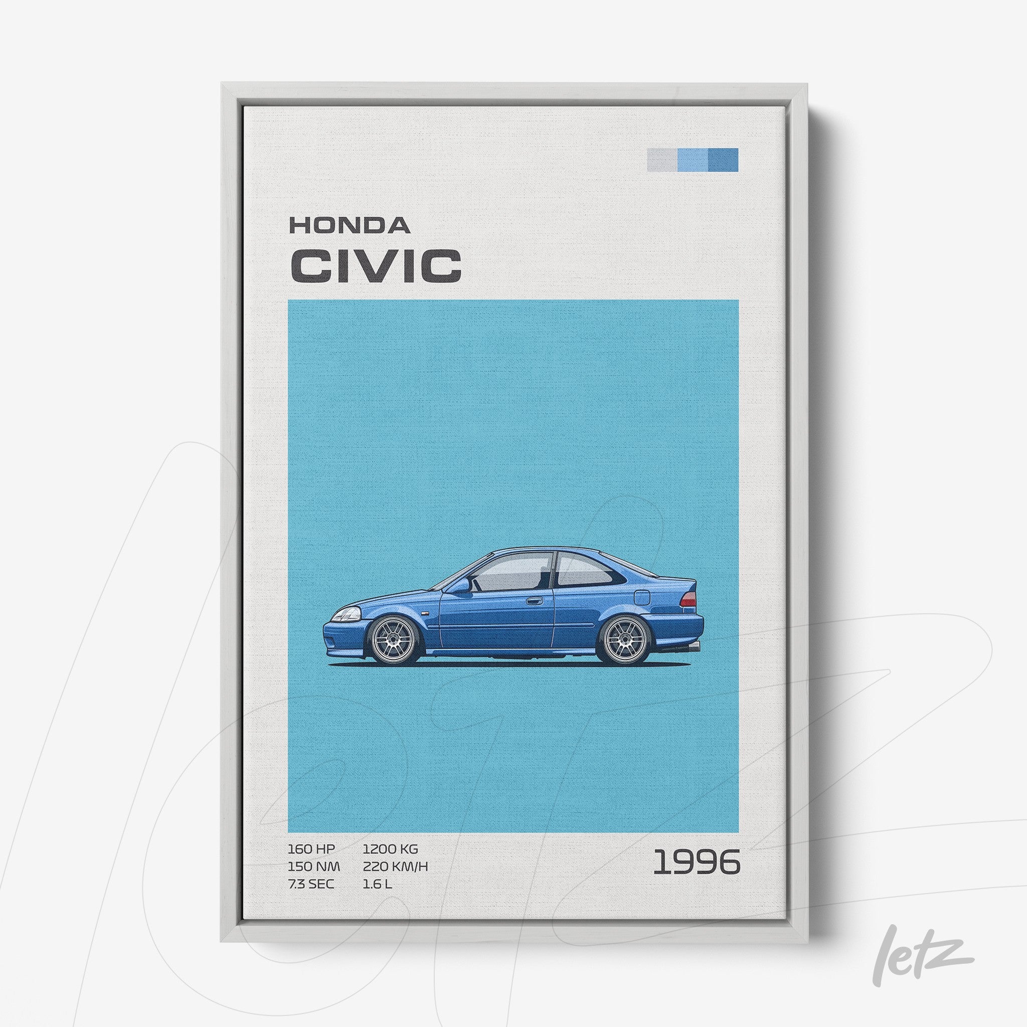 quadro decorativo com ilustração estilizada de um Honda Civic azul de 1996 em fundo azul claro