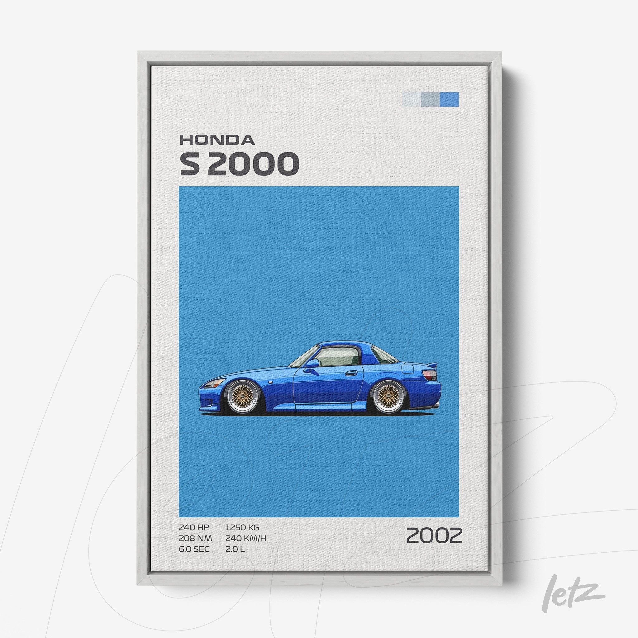 quadro com arte digital de carro Honda S2000 em fundo azul vibrante, moldura branca