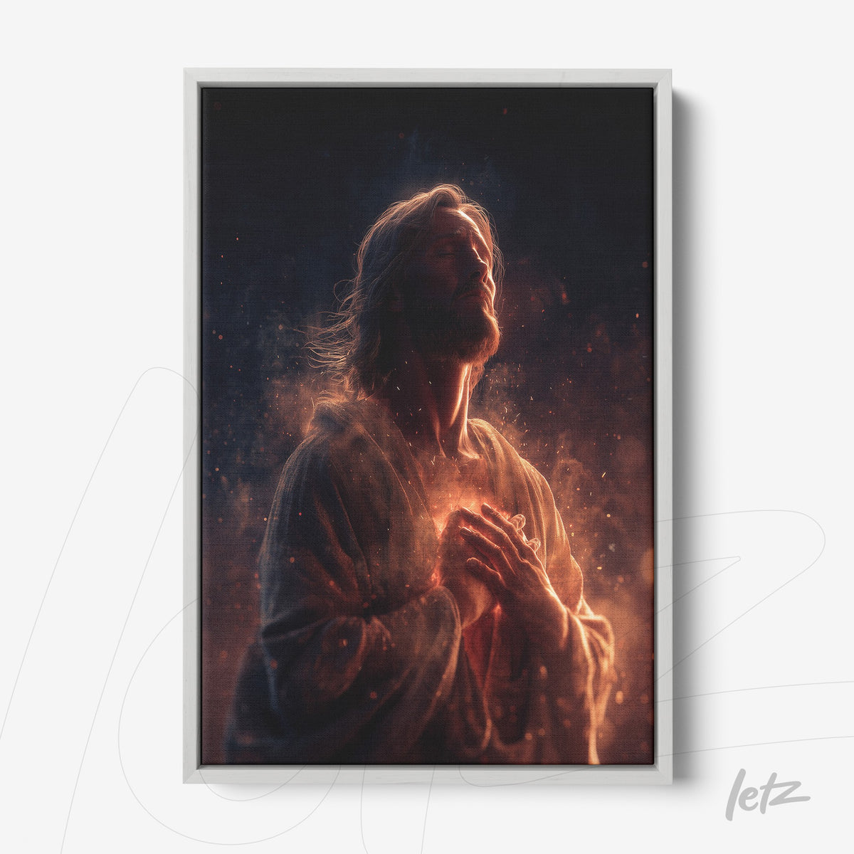 quadro com arte digital de figura religiosa em pose de meditação com brilho em torno do coração e moldura branca