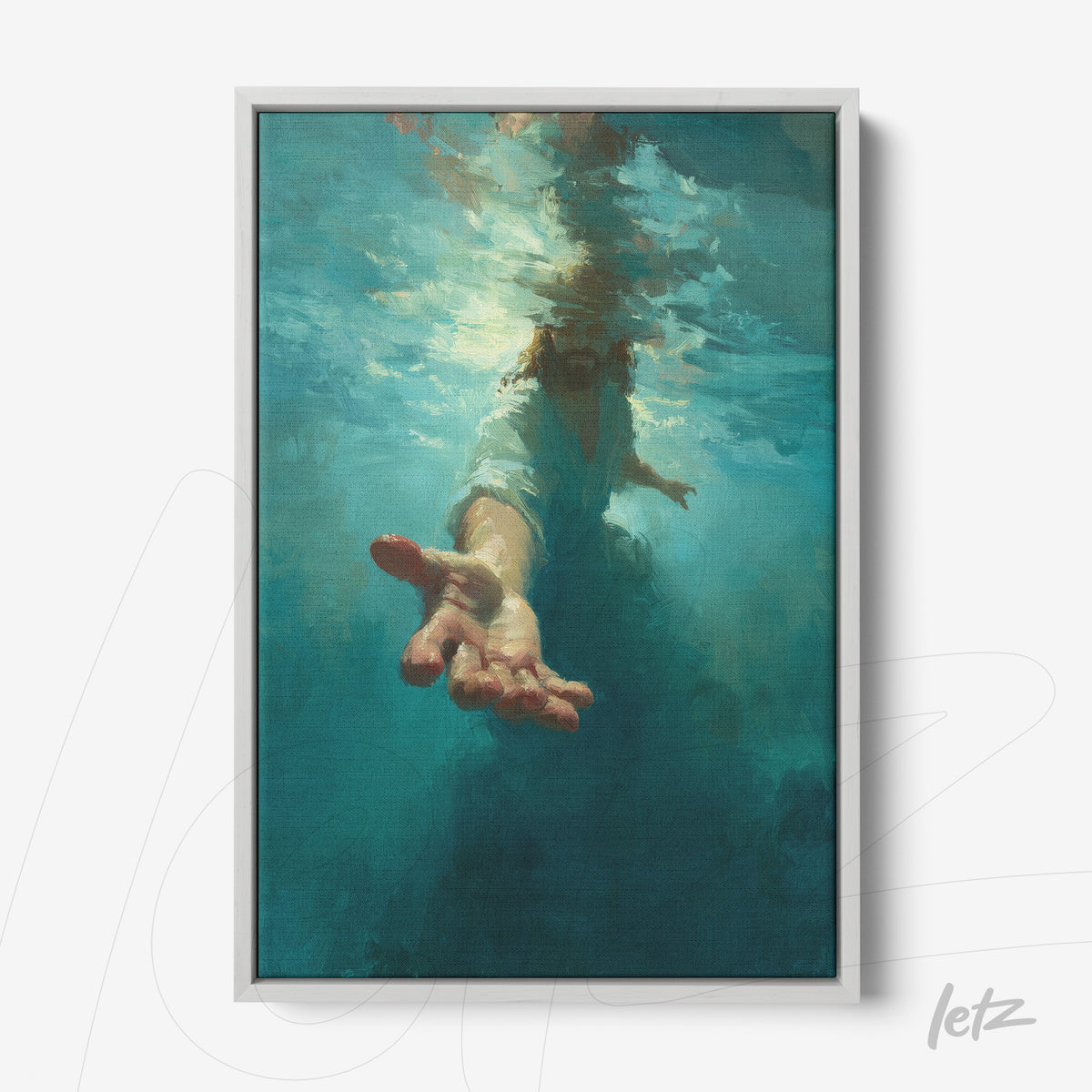 quadro em tela com imagem de Jesus submerso em água, mão estendida em direção ao espectador, fundo azul profundo
