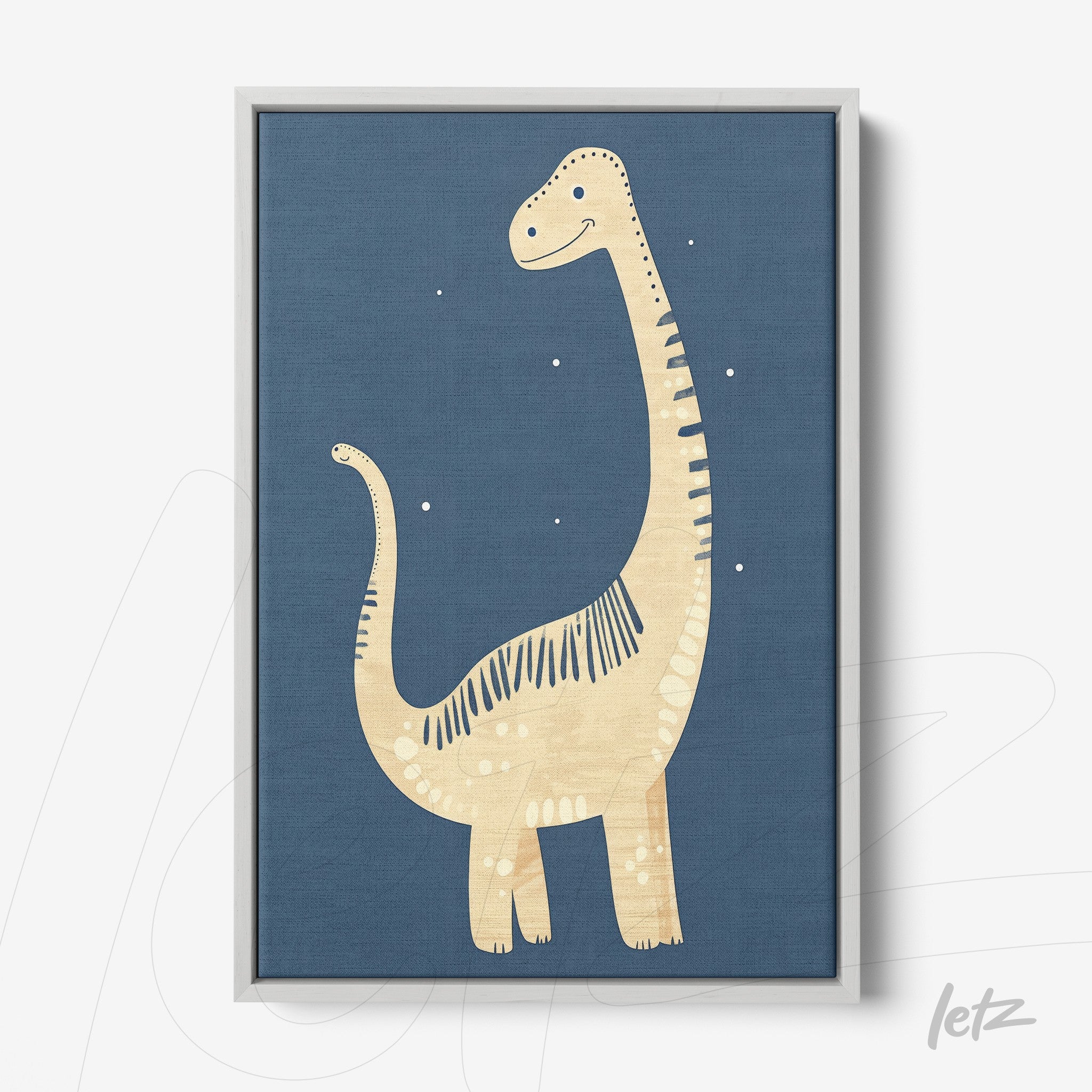 quadro com arte de dinossauro estilo infantil em moldura branca