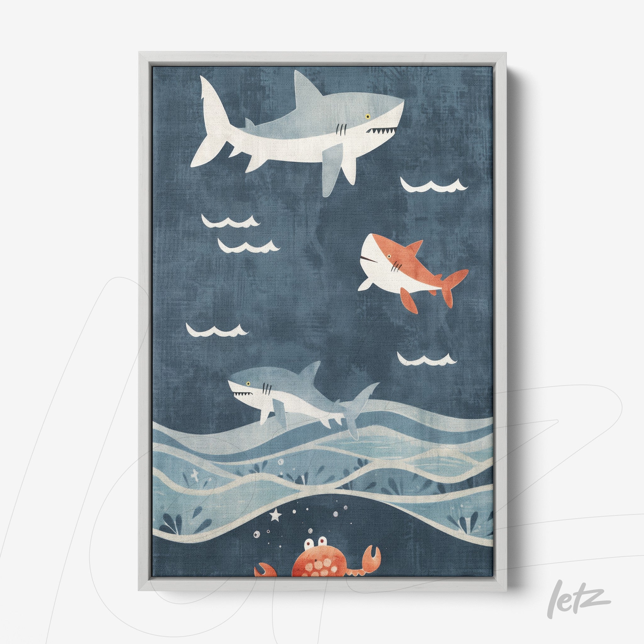 quadro com ilustração de tubarões nadando em um fundo azul escuro, moldura branca e detalhes de ondas e um caranguejo