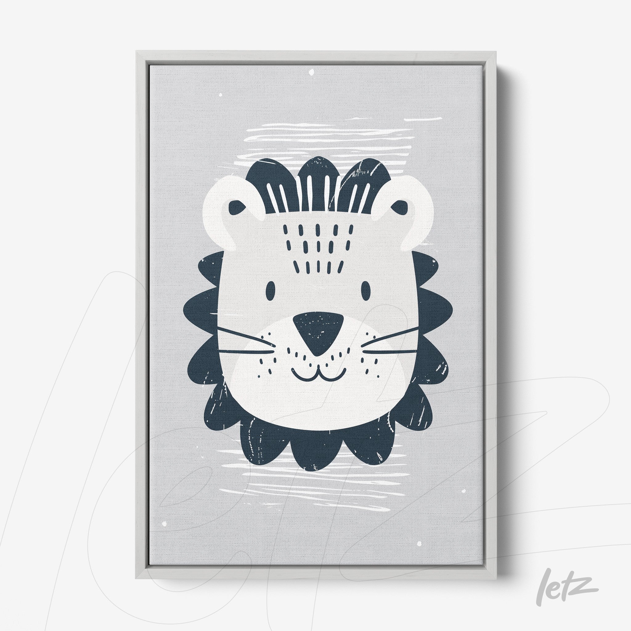 quadro com ilustração de leão em fundo cinza, contornos em azul escuro e moldura clara