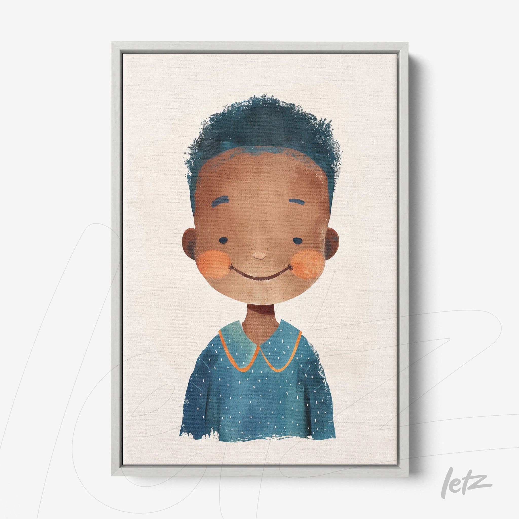 quadro com arte infantil de um menino sorridente com cabelo cacheado em moldura clara