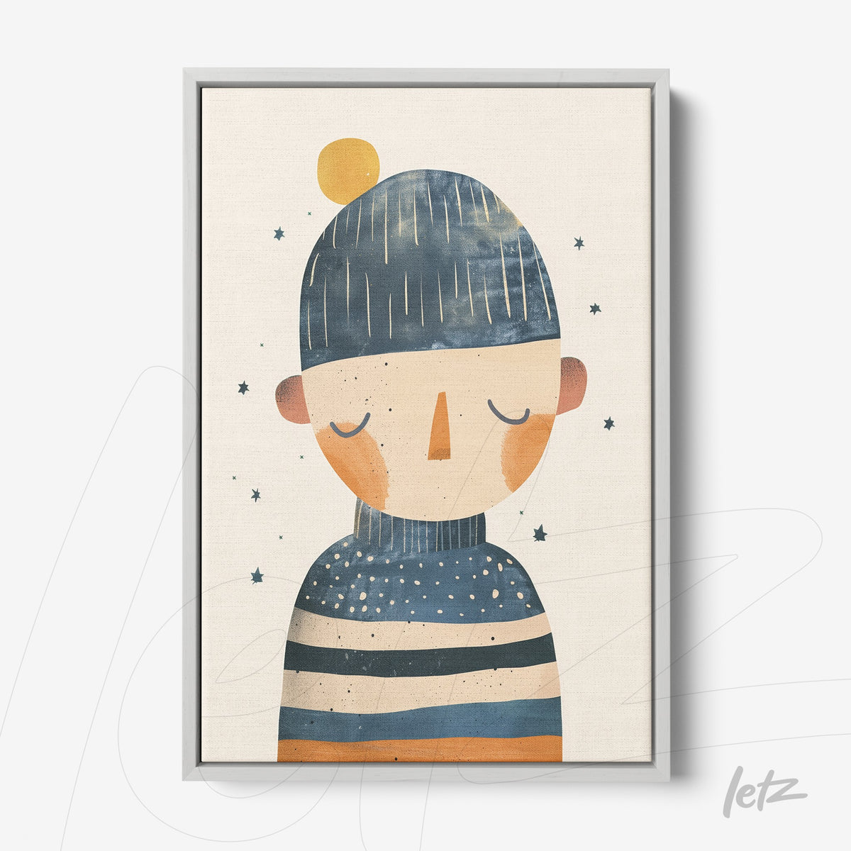 quadro em canvas com ilustração de figura humana usando gorro e suéter listrado em tons de azul e laranja, fundo claro com estrelas pequenas
