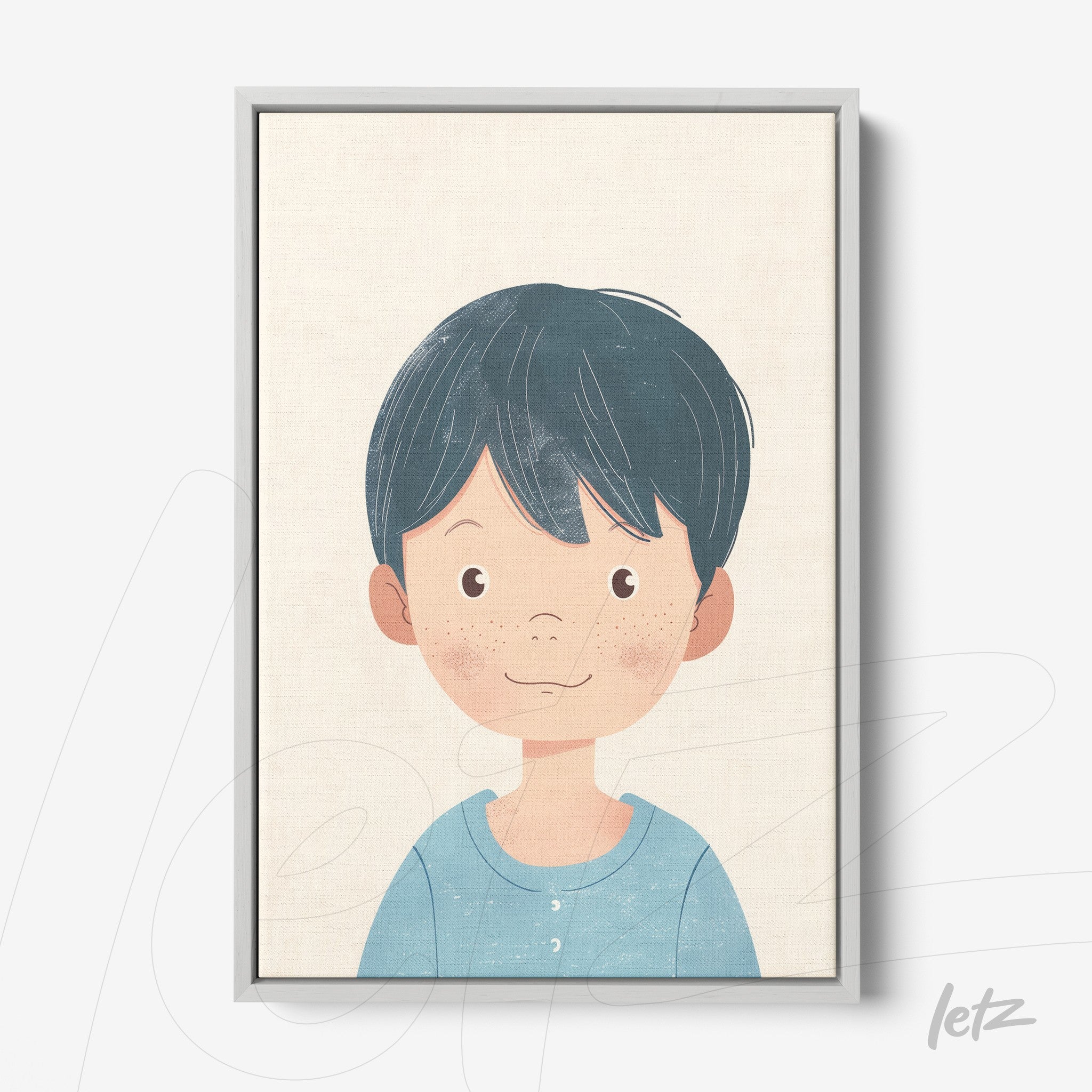quadro com ilustração infantil de um menino sorridente com cabelo curto e escuro em moldura prata