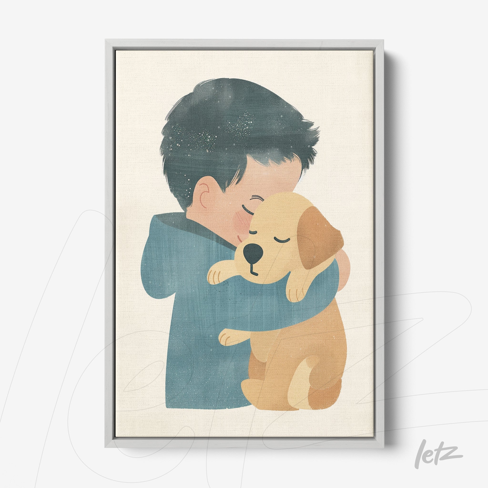 quadro com ilustração de menino abraçando um cachorro amarelo em moldura prateada