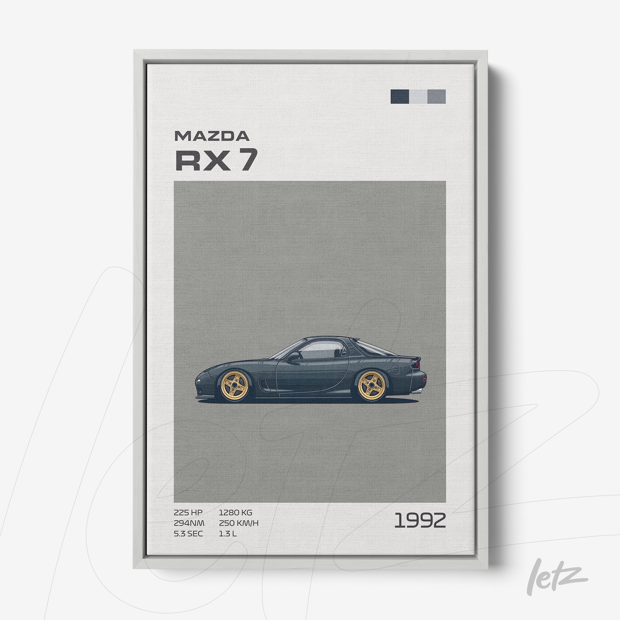 quadro em canvas com ilustração estilizada do carro Mazda RX-7 de 1992, fundo cinza e moldura branca