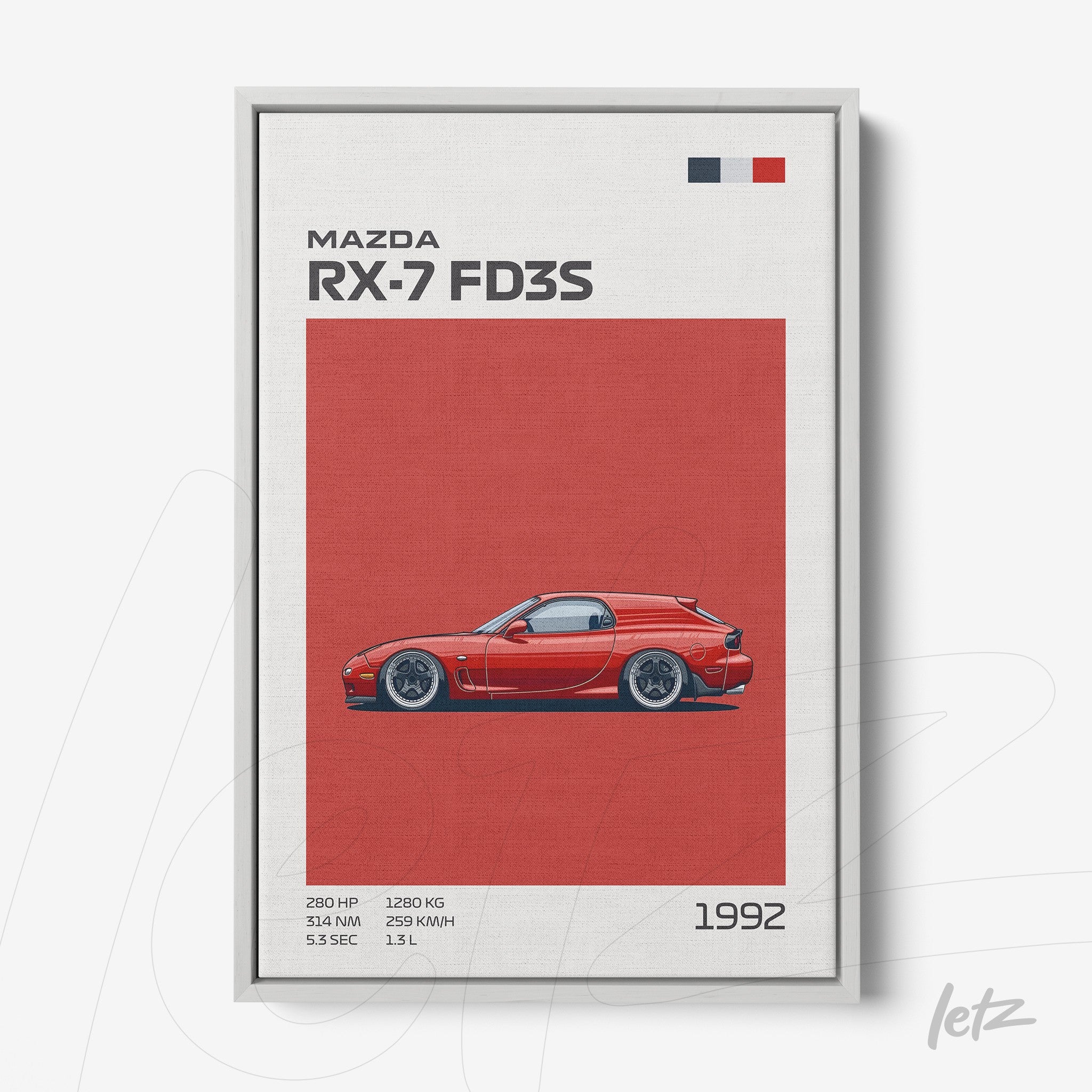 quadro com arte digital do carro Mazda RX-7 FD3S em fundo vermelho, moldura branca com detalhes em azul e vermelho