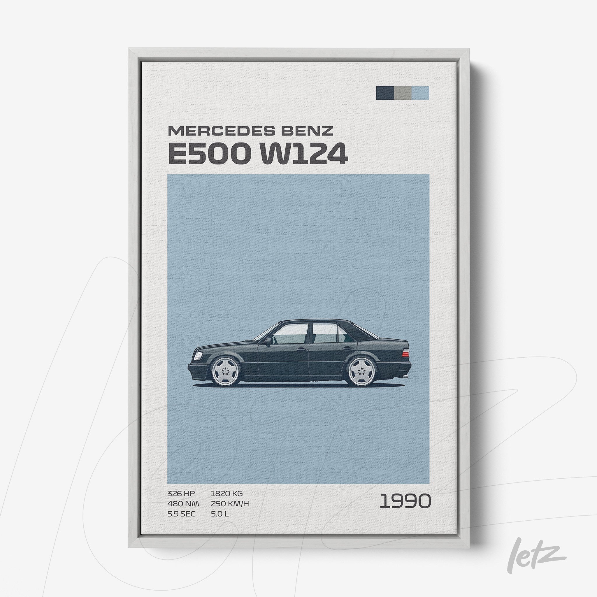 quadro com ilustração do carro Mercedes Benz E500 W124 em fundo azul, moldura clara