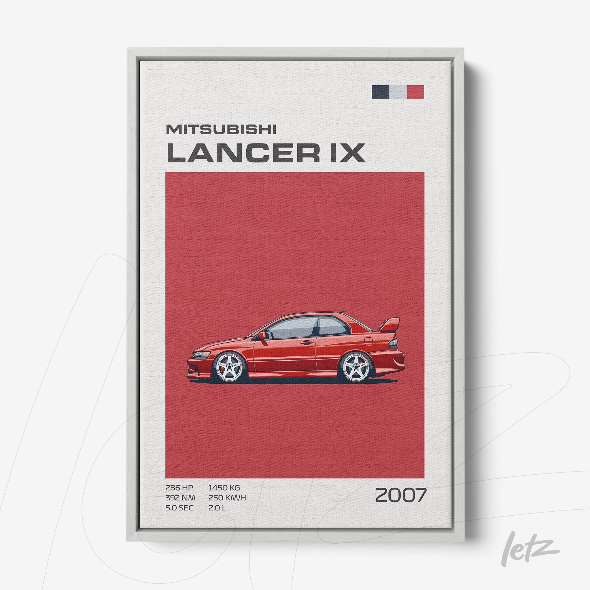 quadro com ilustração em estilo minimalista do carro Mitsubishi Lancer IX em vermelho sobre fundo vermelho, com detalhes técnicos e data 2007 na parte inferior