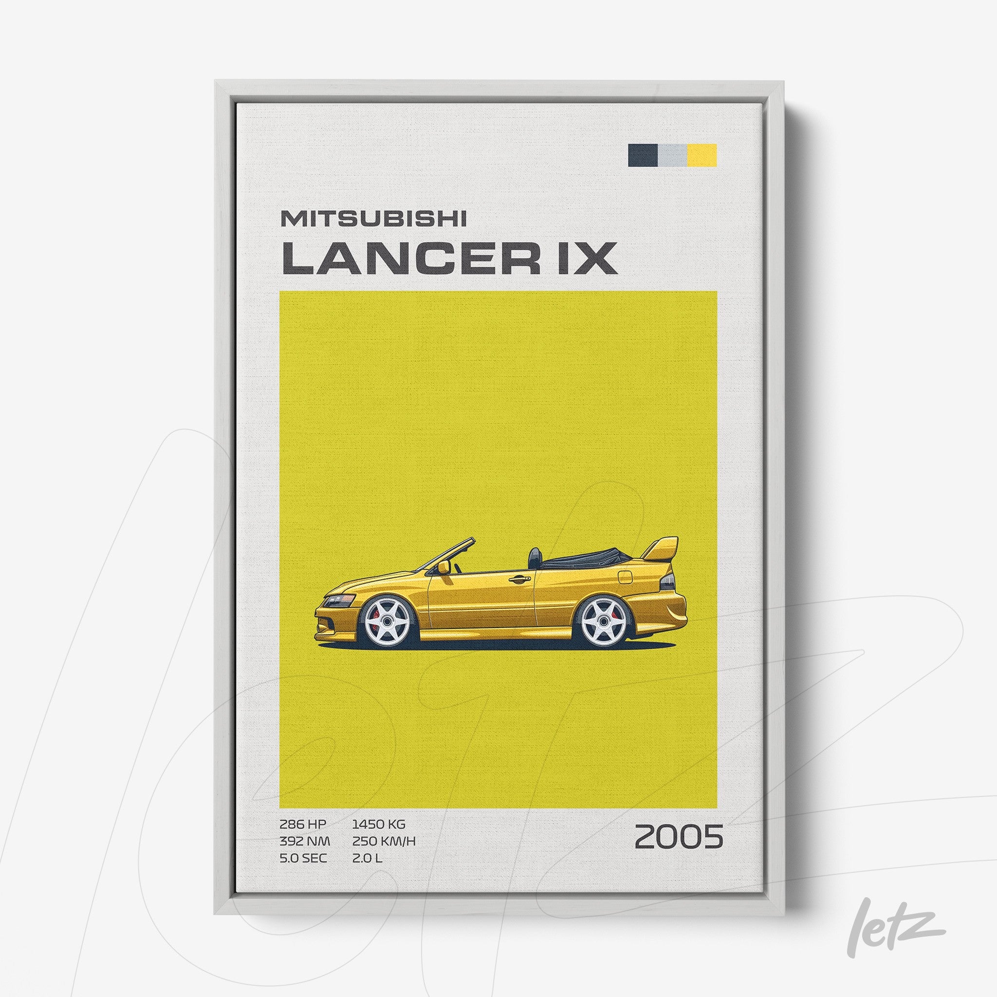 quadro com arte minimalista do carro Mitsubishi Lancer IX 2005 em fundo amarelo vibrante com moldura branca