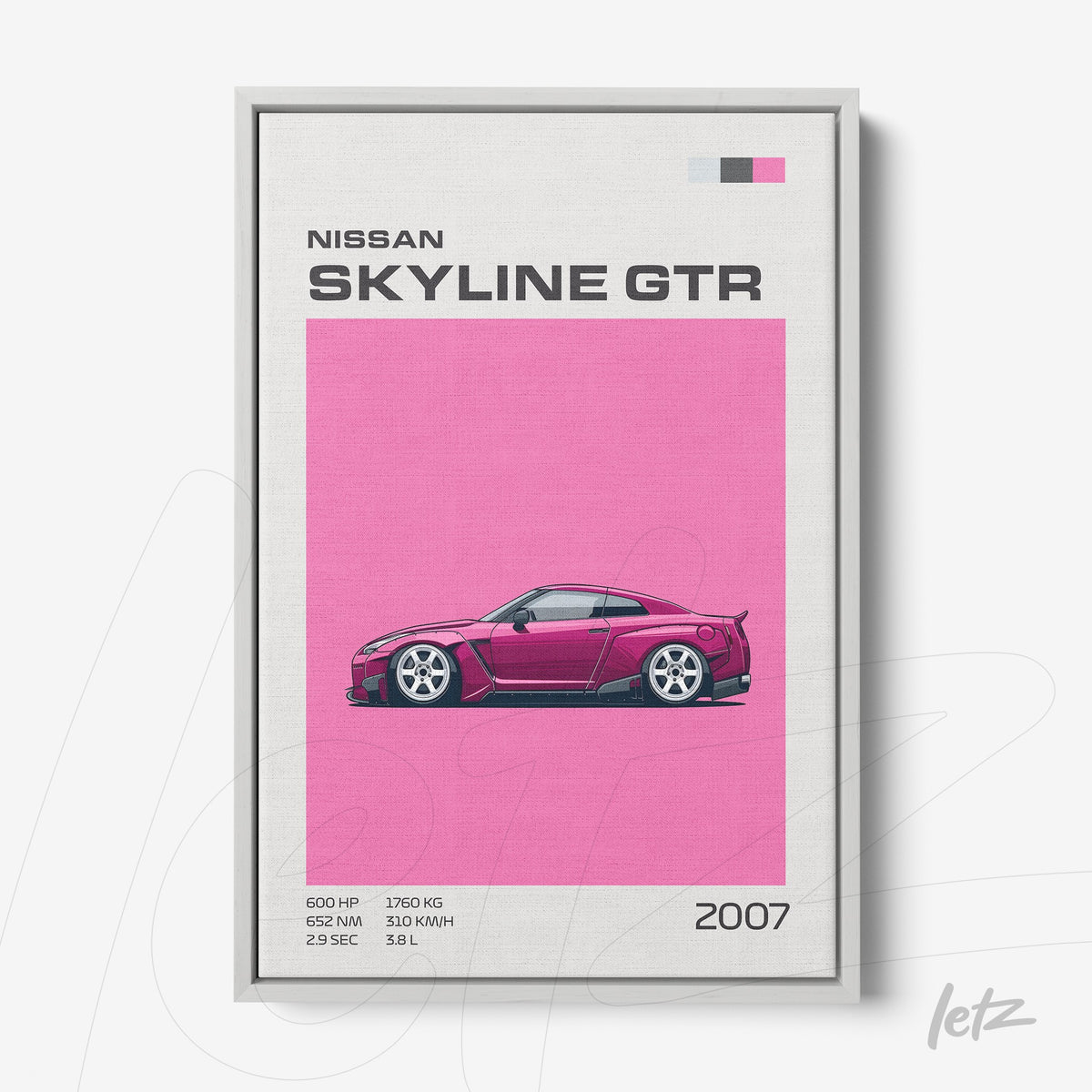 quadro com arte estilizada do carro Nissan Skyline GTR em fundo rosa vibrante e moldura cinza