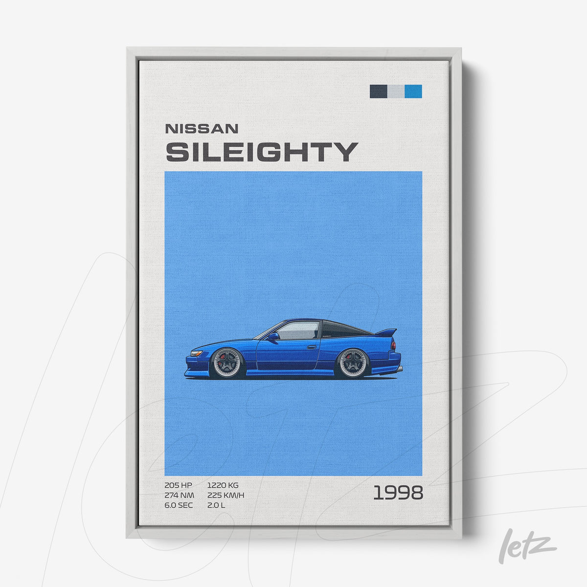 quadro com arte de um carro Nissan Sil80 em fundo azul vibrante e moldura prata