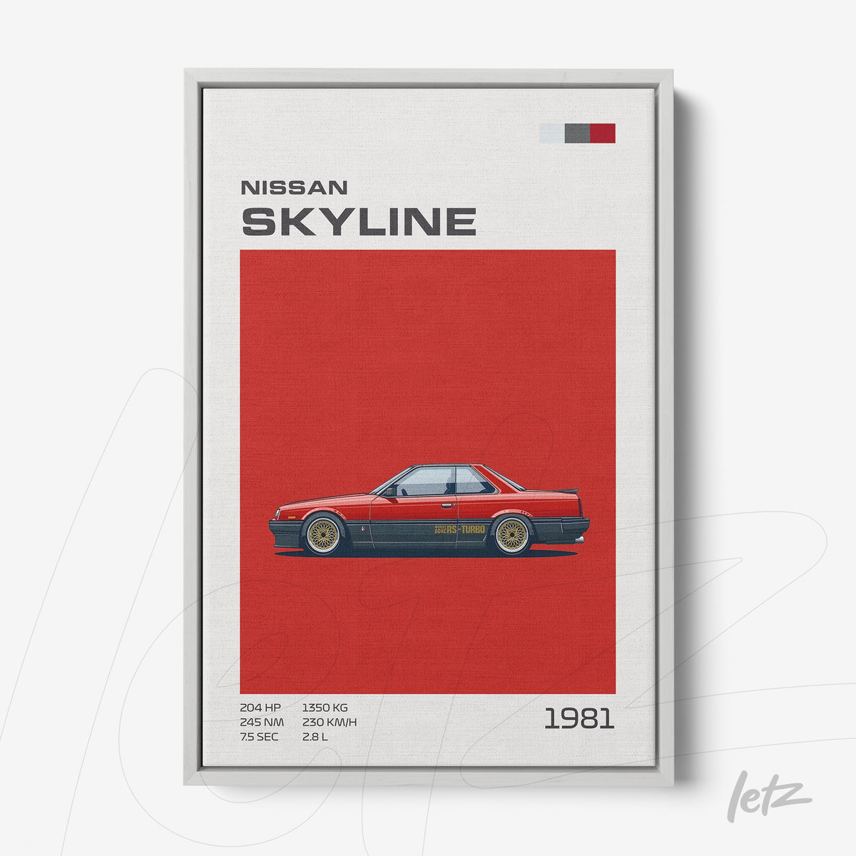quadro com arte digital do carro Nissan Skyline de 1981 em fundo vermelho