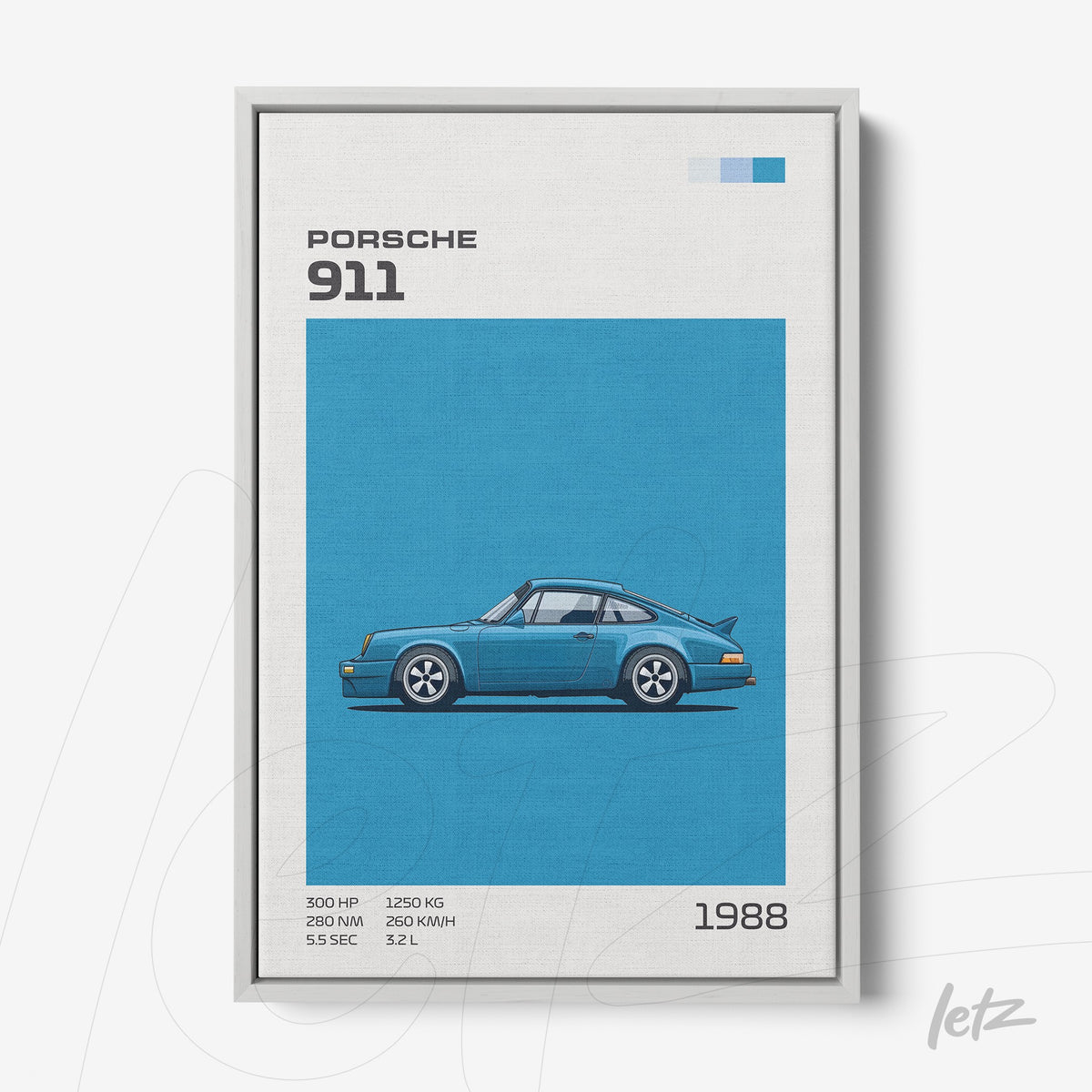 quadro em moldura prateada com ilustração vetorial do carro Porsche 911 de 1988 sobre fundo azul