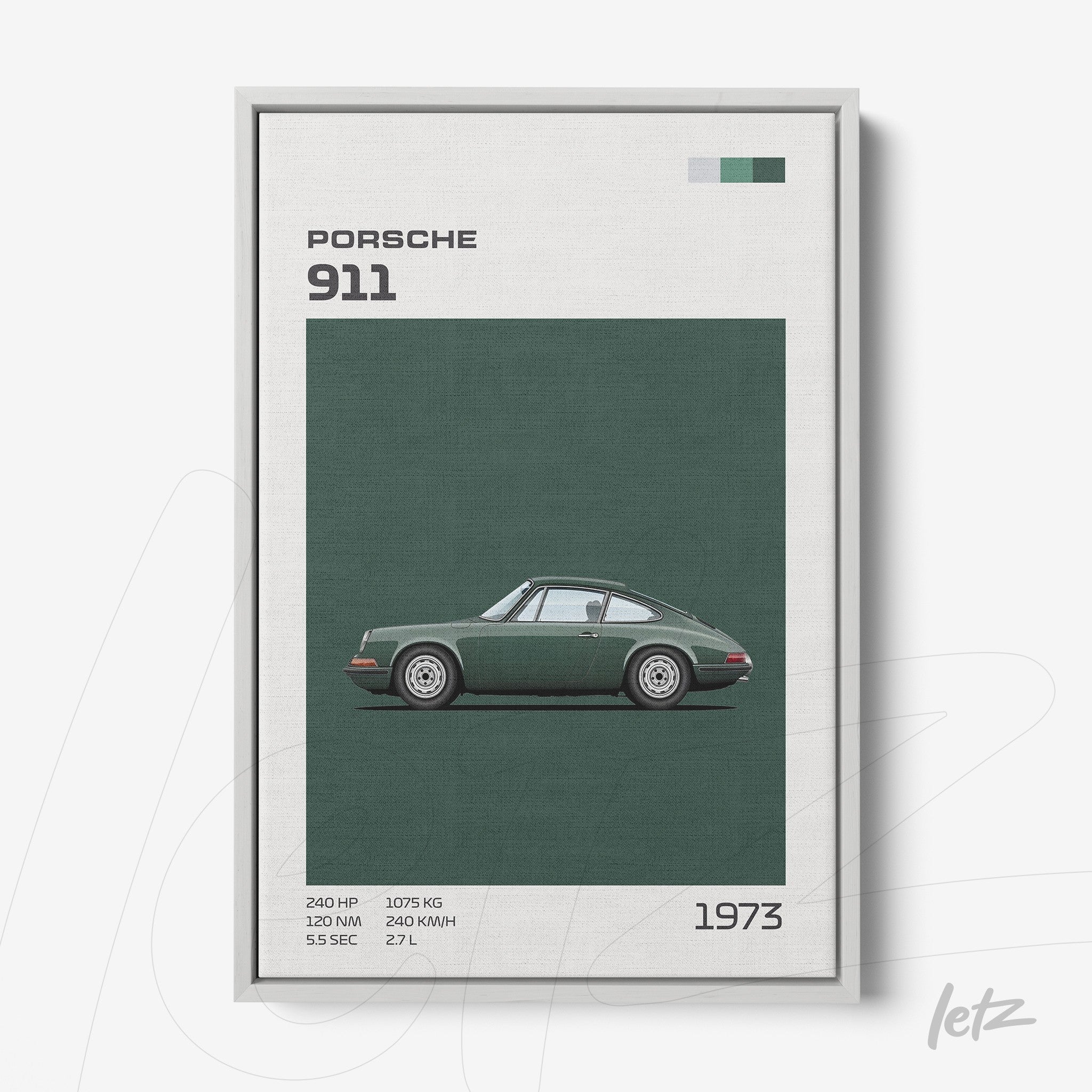 quadro com arte minimalista do carro Porsche 911 de 1973 em moldura prateada