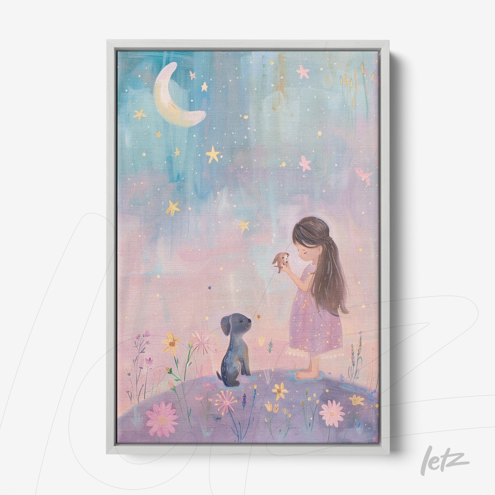 quadro com arte delicada de menina com vestido rosa claro segurando um passarinho em meio a estrelas e flores, moldura prateada