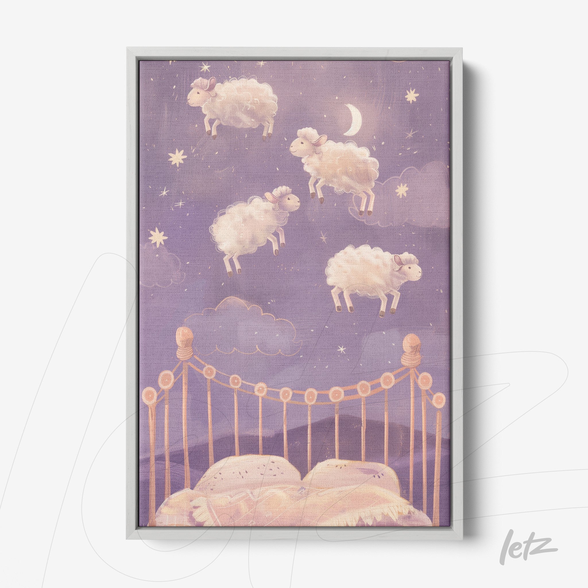 quadro com ilustração de ovelhas flutuando sobre uma cama em um céu estrelado de fundo roxo