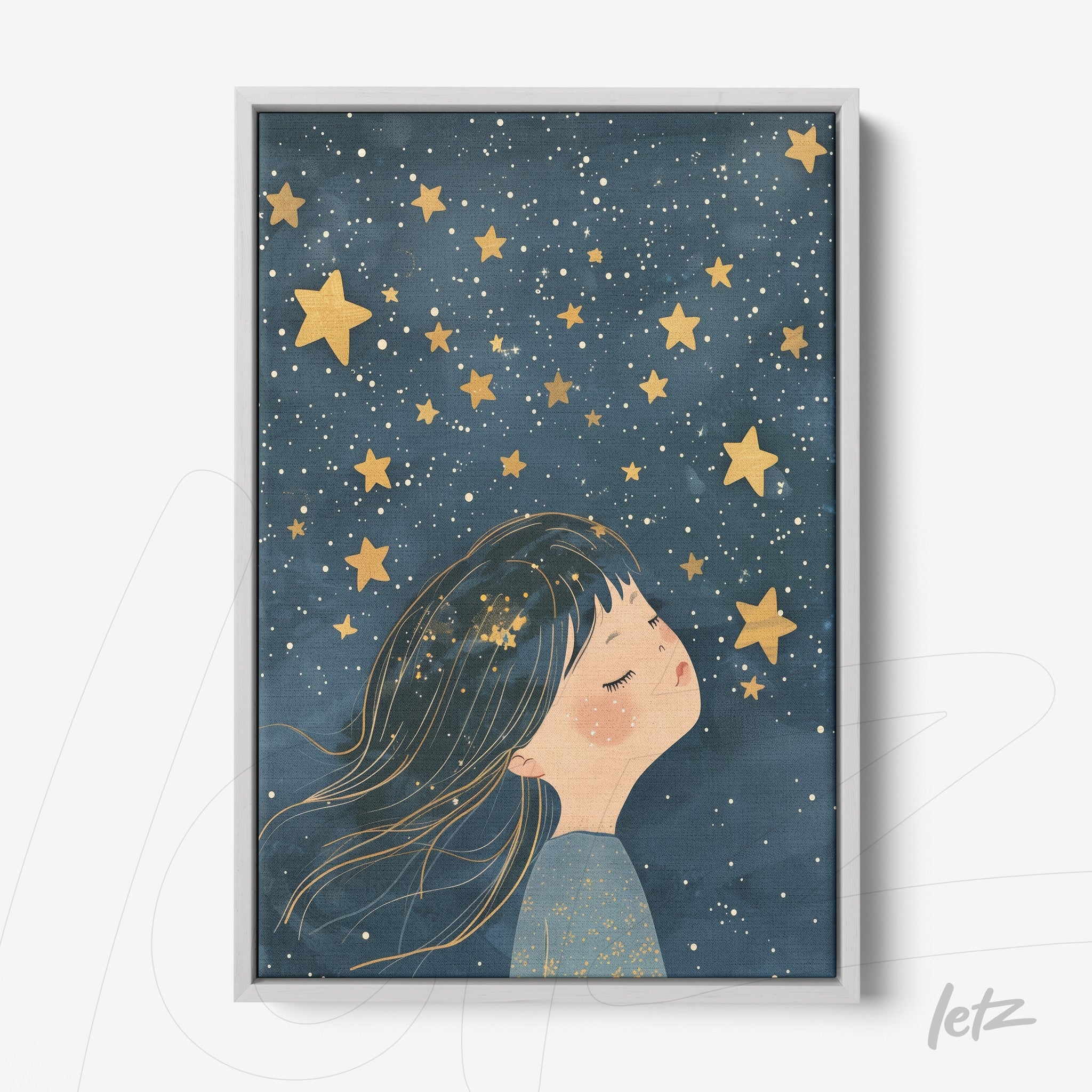 quadro com ilustração de menina sonhadora sob um céu estrelado em moldura cinza clara