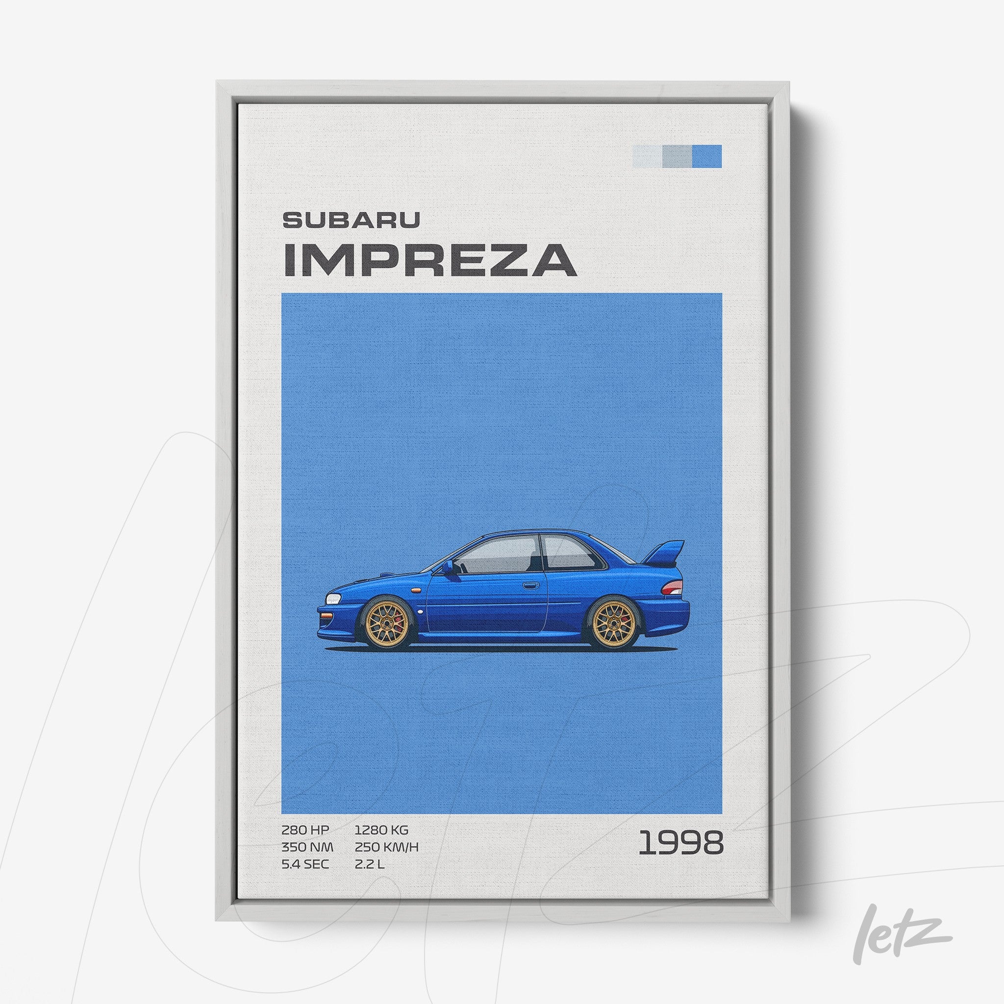 quadro com ilustração em estilo retrô de um Subaru Impreza 1998 em fundo azul claro com moldura branca