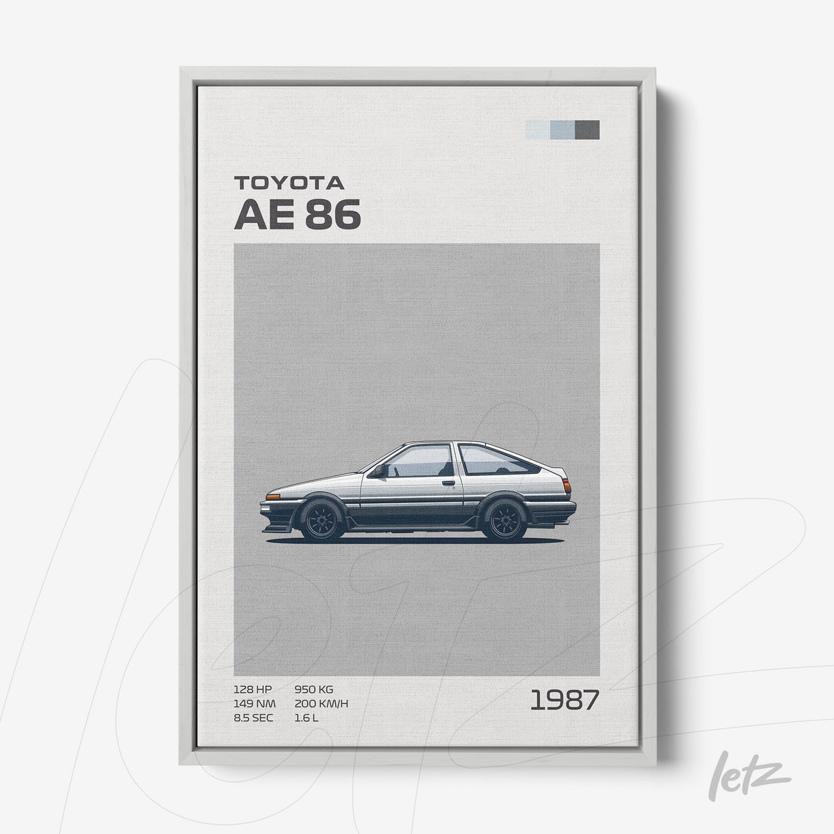 quadro com ilustração do carro Toyota AE86 em moldura cinza clara
