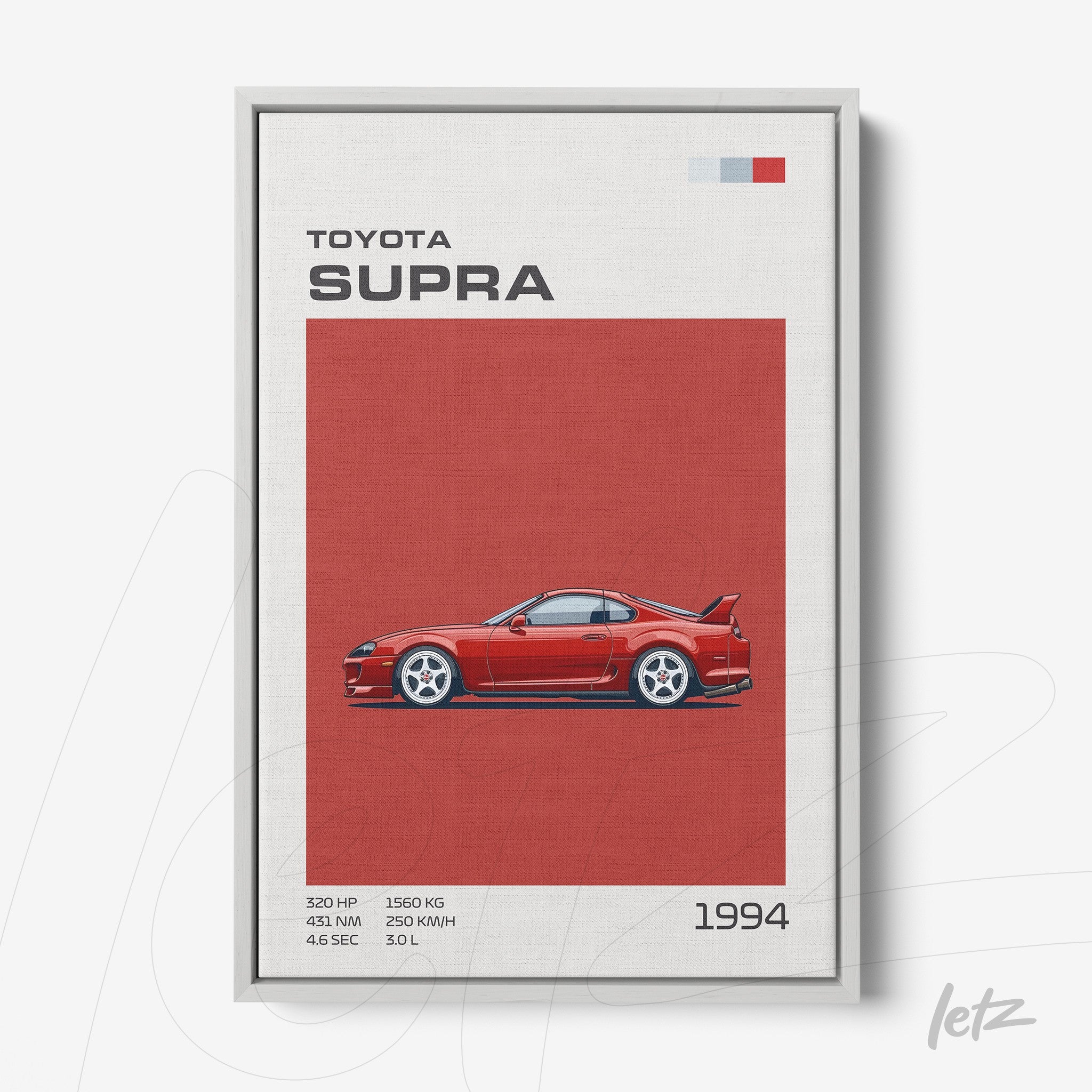 quadro com arte minimalista do carro esportivo Toyota Supra em moldura prata