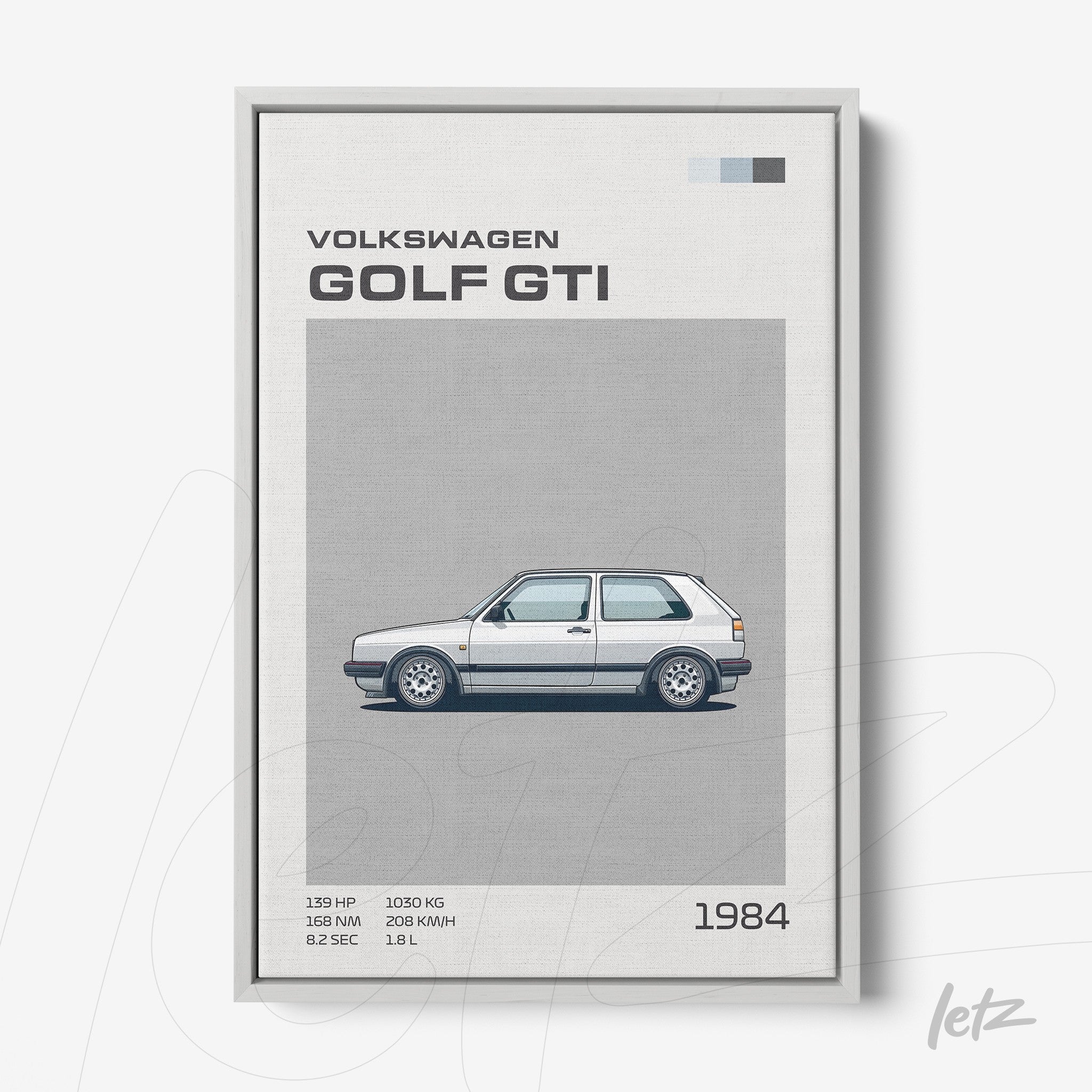 quadro com arte digital do Volkswagen Golf GTI de 1984 em moldura cinza clara