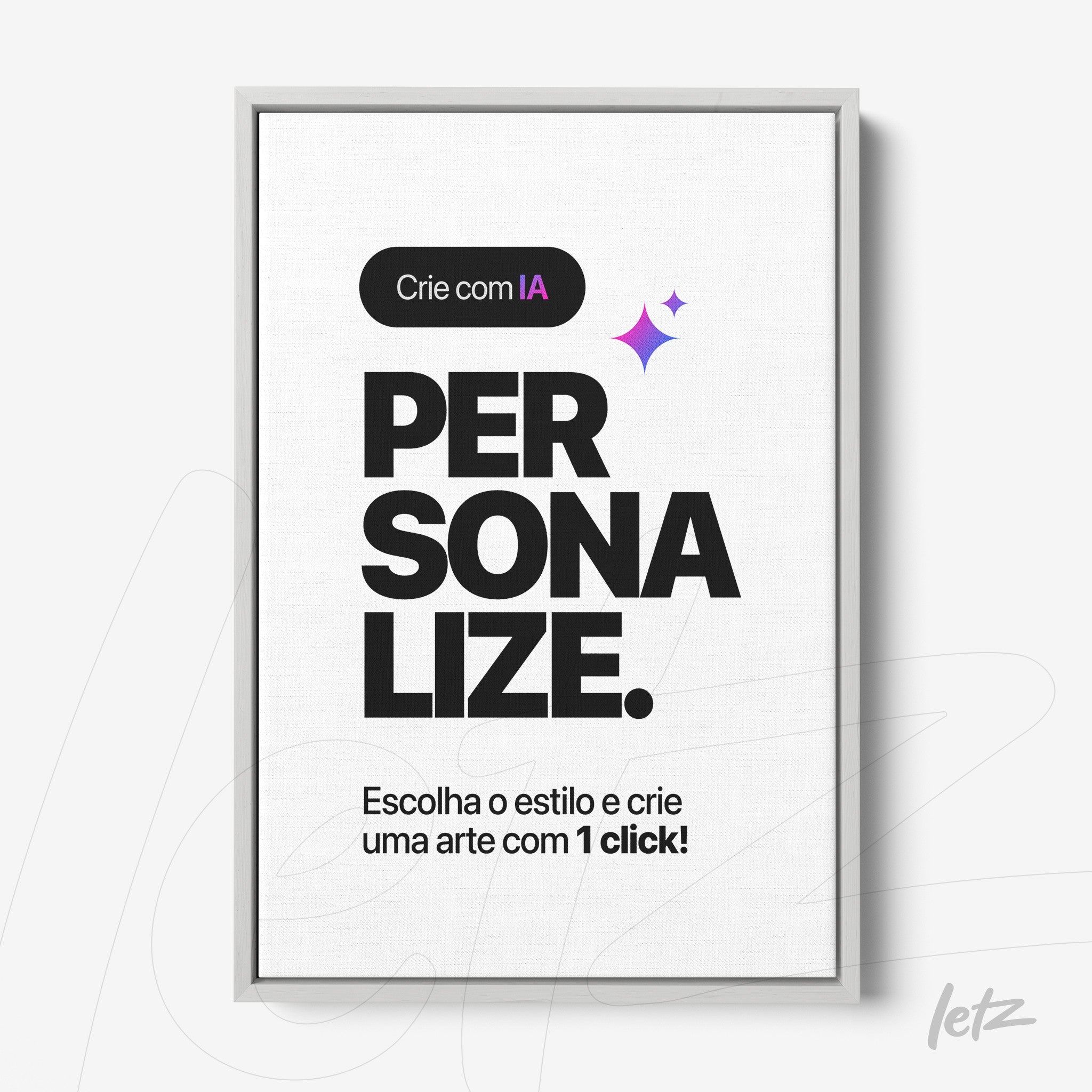 quadro com a frase 'Crie com IA PERSONALIZE' em letras grandes e negritas, com moldura cinza clara