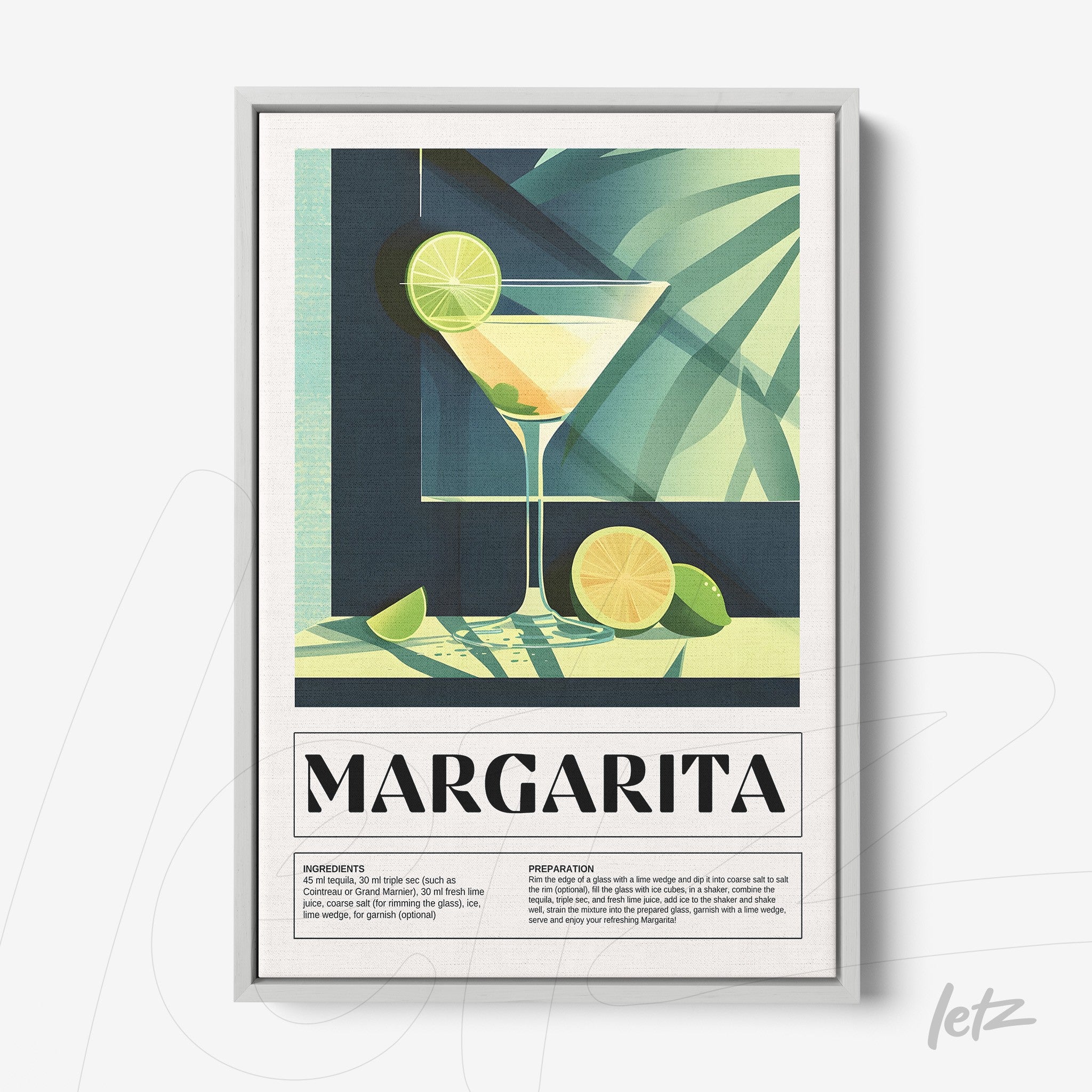 quadro com arte retro de drink margarita em moldura branca, com limão e folhas ao fundo