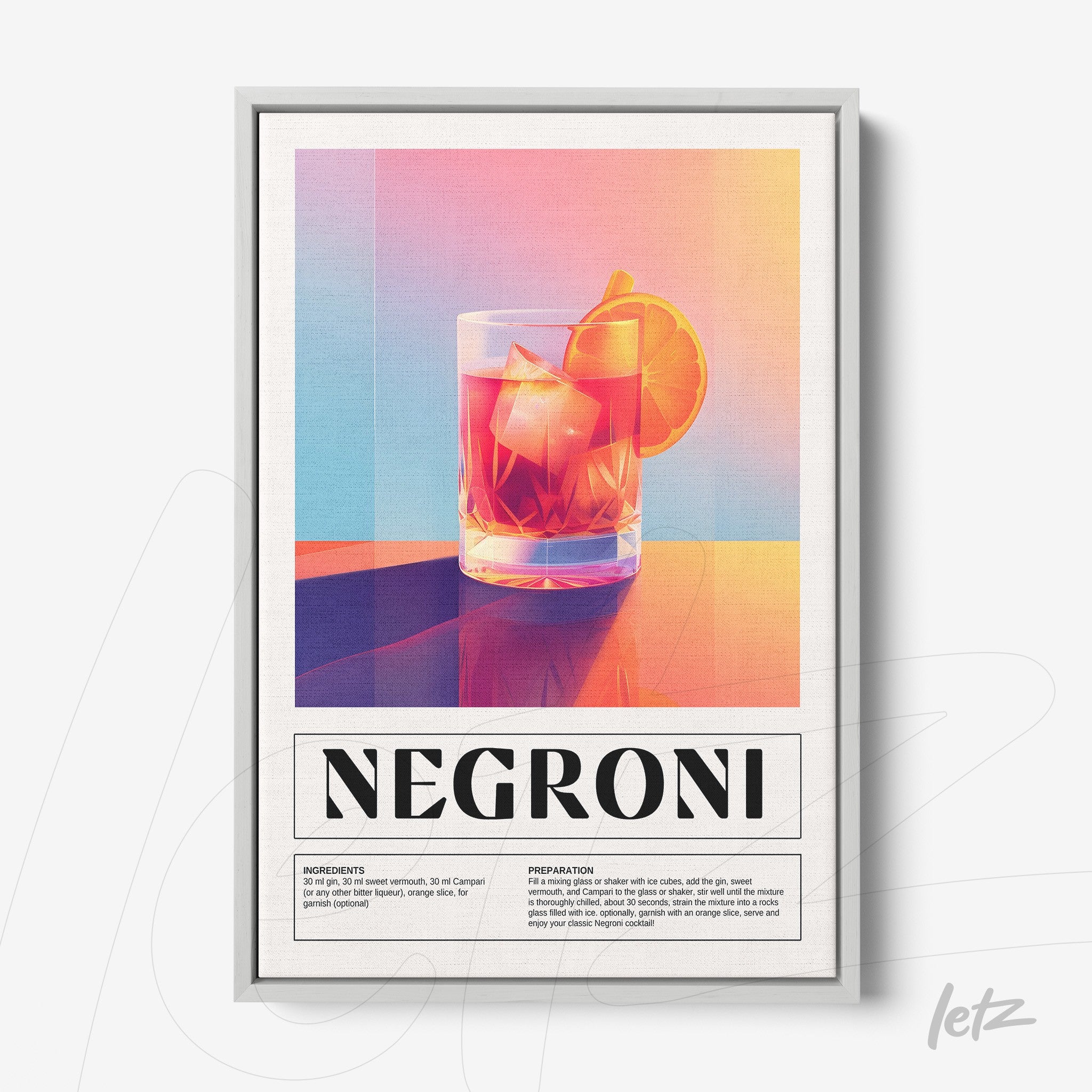 quadro com arte digital do drink negroni em fundo colorido com moldura prata