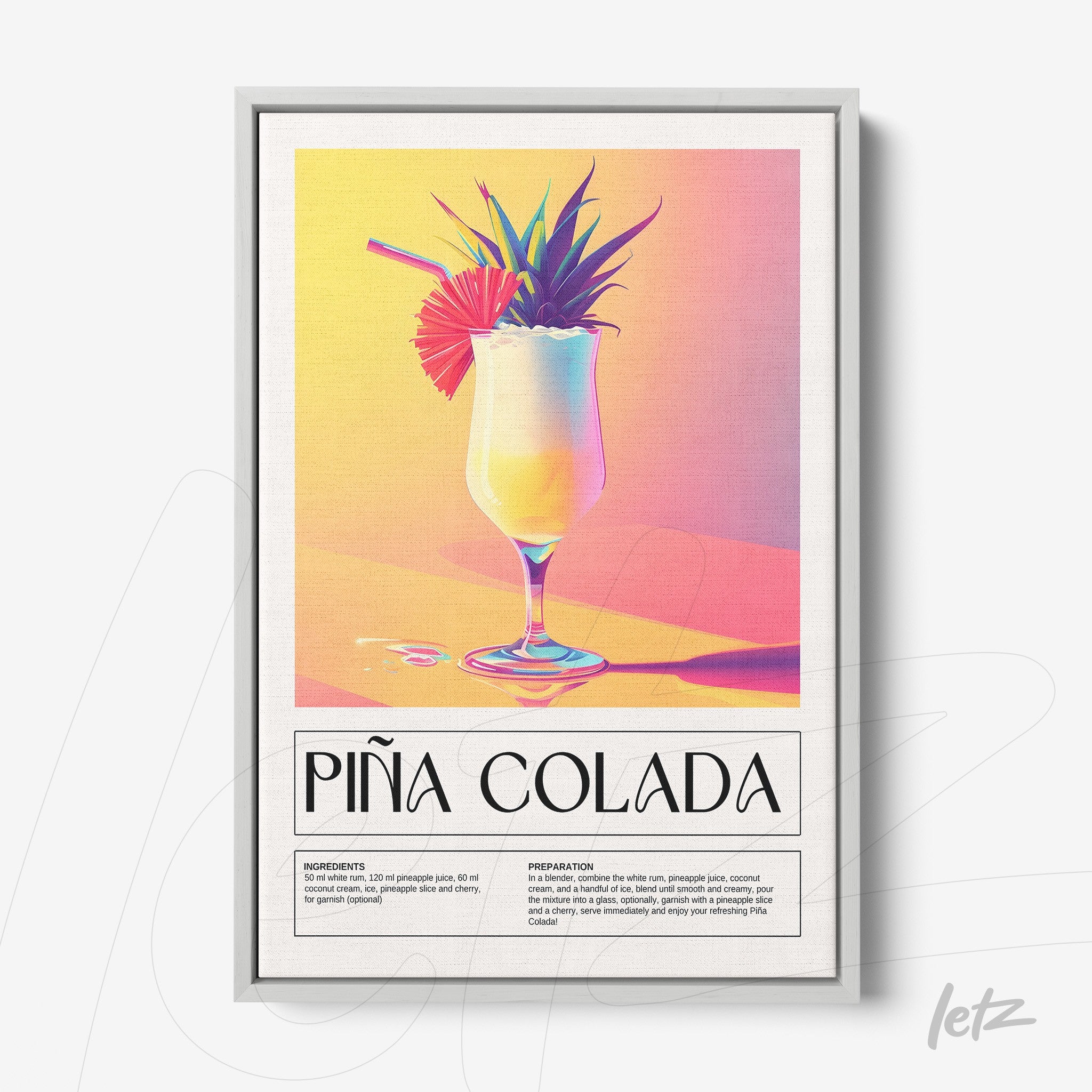 quadro com arte digital de drink piña colada em moldura prateada com fundo colorido