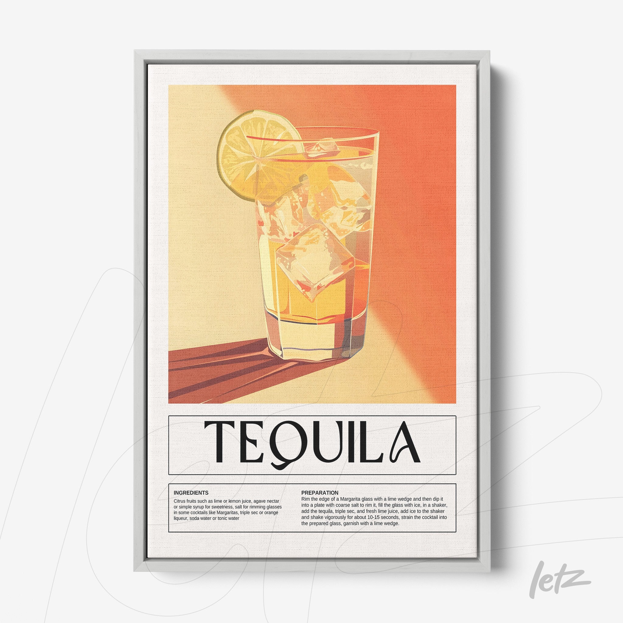 quadro com arte retrô do drink tequila em moldura fina cinza, com fundo laranja e amarelo