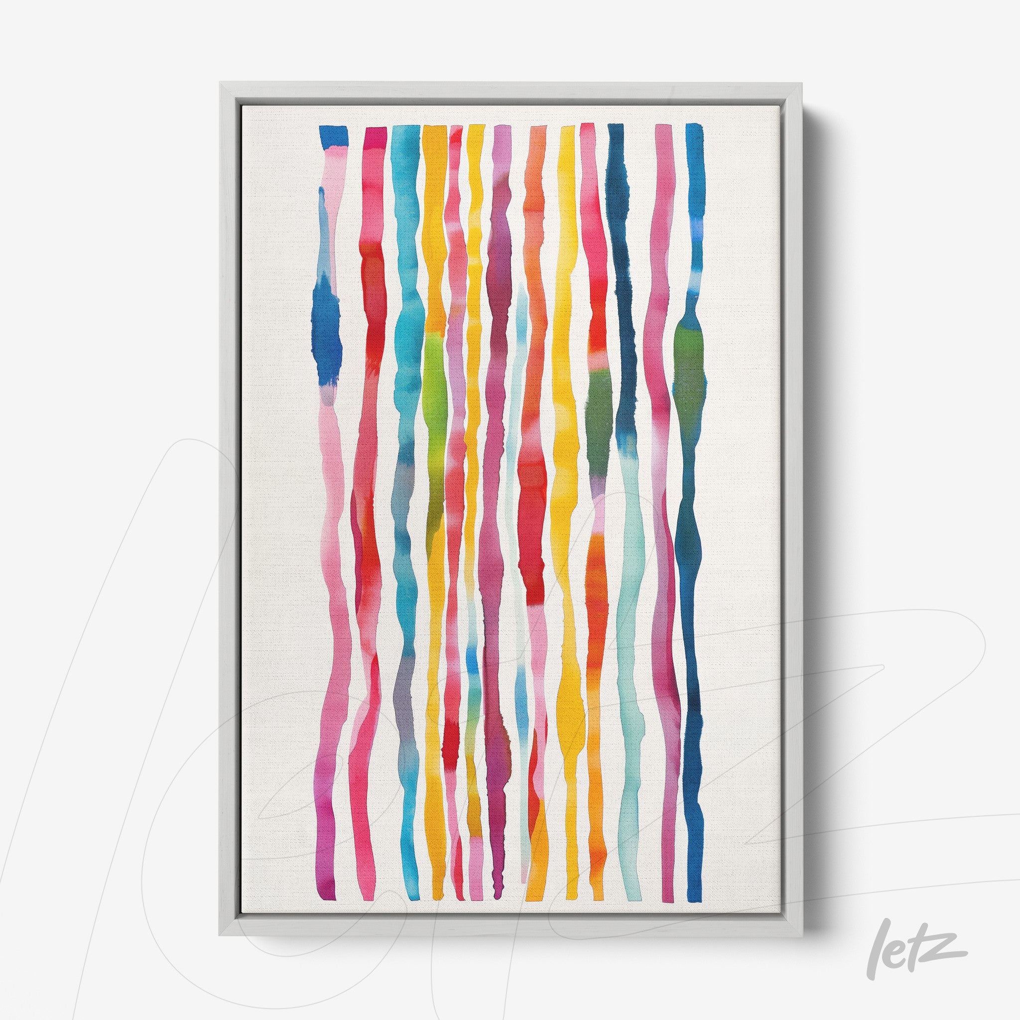 quadro com arte abstrata em aquarela com listras coloridas em moldura cinza clara